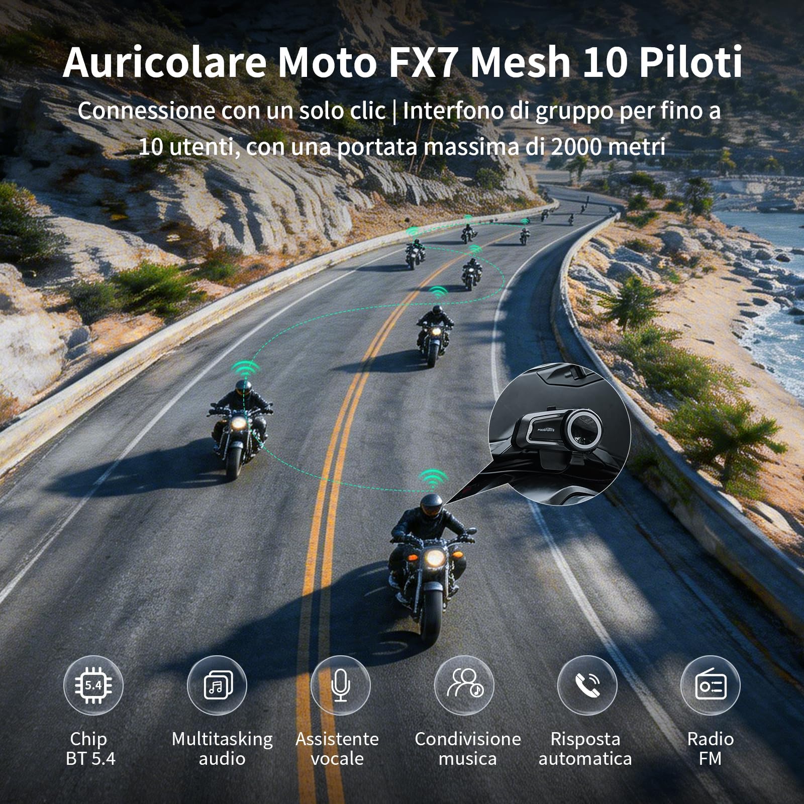 Fodsports FX7 10 - Utenti Mesh Interfono Moto Coppia | Condivisione Musicale, 2000m Interfono per Casco, Doppio Chip V5.4 Auricolari Moto con Multitasking Audio & FM