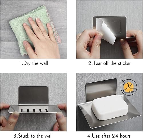 Miniatura 4 de Paquete de 2 jaboneras para pared de ducha, soporte de jabón adhesivo de acero inoxidable para baño, soporte de esponja de 5 ranuras para fregadero