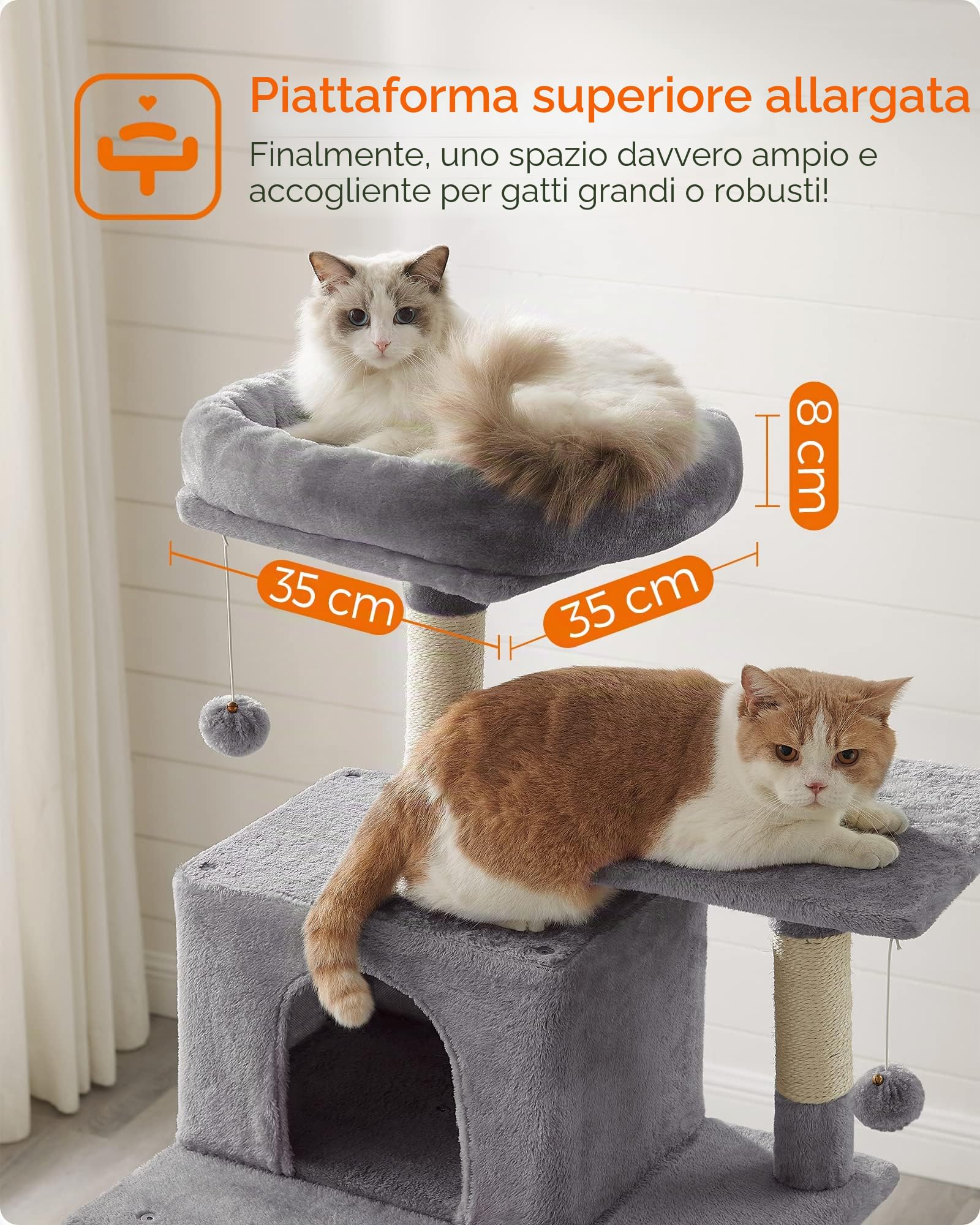Feandrea Albero per Gatti Alto 191 cm, Tiragraffi per Gatti con 5 Pali Graffiatoi, 2 Posatoi, 2 Grotte, Amaca, 2 Pompon, in Peluche a Più Livelli, Grigio Chiaro PCT191W01