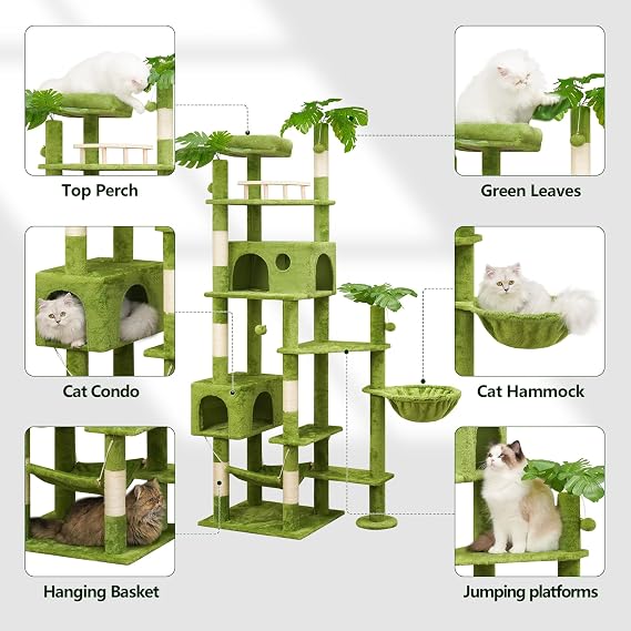 Meecal 77 Large Cat Tower Heavy Duty for Large Cats, Tall Cat Tree with Leaves - Scratch Post, 2 Cat Condos, Soft Hammock, Padded Perch & Hanging Ball, Green