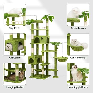 Meecal 77 Large Cat Tower Heavy Duty for Large Cats, Tall Cat Tree with Leaves - Scratch Post, 2 Cat Condos, Soft Hammock, Padded Perch & Hanging Ball, Green