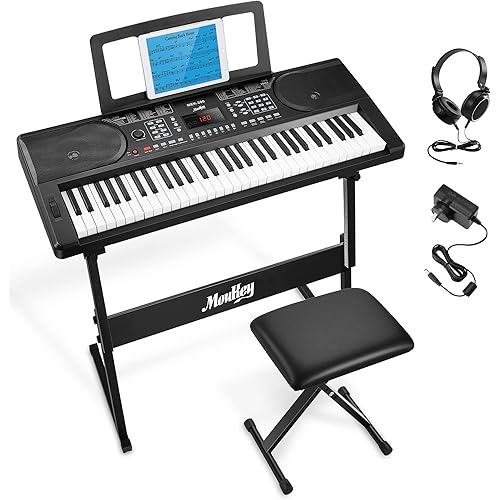 Moukey Keyboard Piano, 61 Key Piano Keyboard, Full-Size Electric Piano, Superior Sound and Powerful Functions, Electric Keyboard with Digital Piano Stand, Music Stand, Bench and Headphones