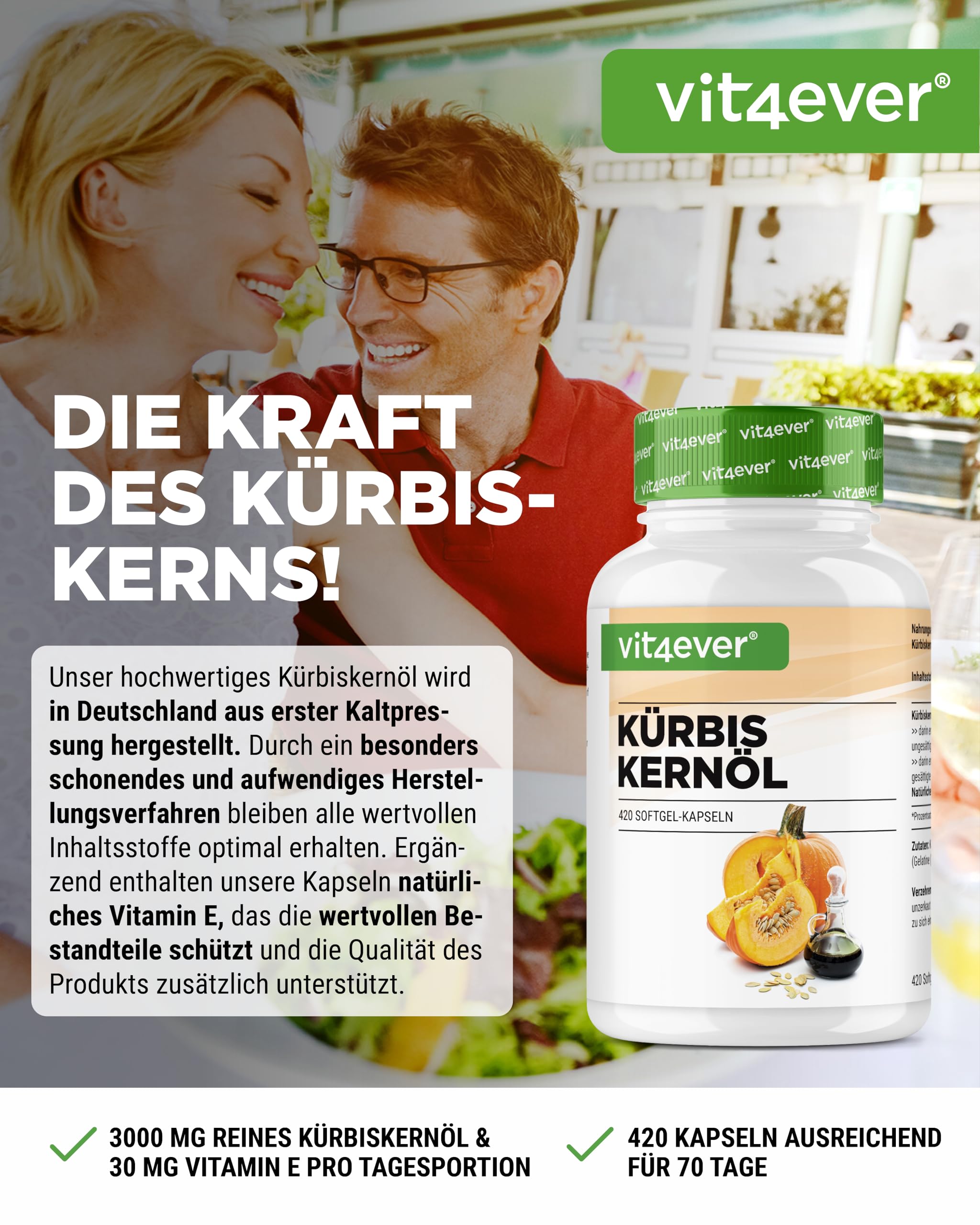 vit4ever Kürbiskernöl - 420 Kapseln - 3000 mg pro Tagesportion - Mit natürlichem Vitamin E - Hochdosiert - Naturbelassen & kaltgepresst - Laborgeprüft