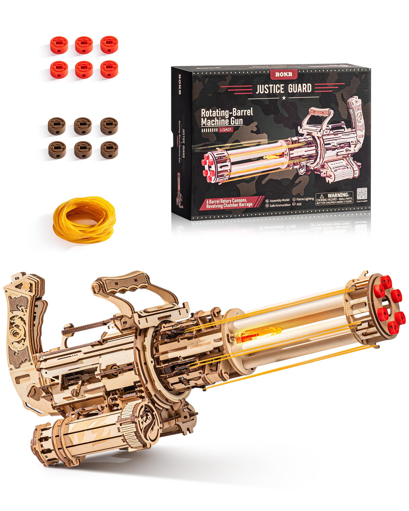 Amazon | ROKR 立体パズル 木製 輪ゴムピストル LED付き 6本管電動360