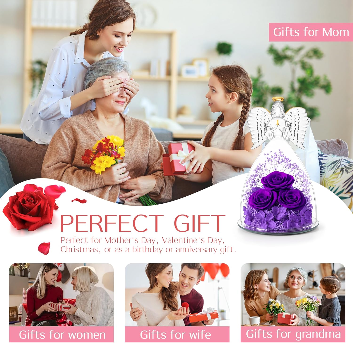 Christmas Flowers Gifts for Grandma Mom,Forever Real Roses in Angel Figurines,Christmas Roses Gifts for Women Wife Mother in Law/Purple - Image 6