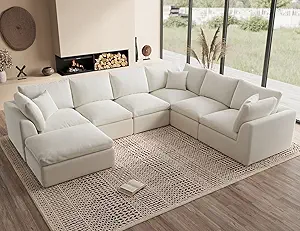 Oversized Cloud Couches for Living Room, Convertible Sectional Couch with Ottoman, 7 Seater Large Modular Sectional Sofa, Warm White
