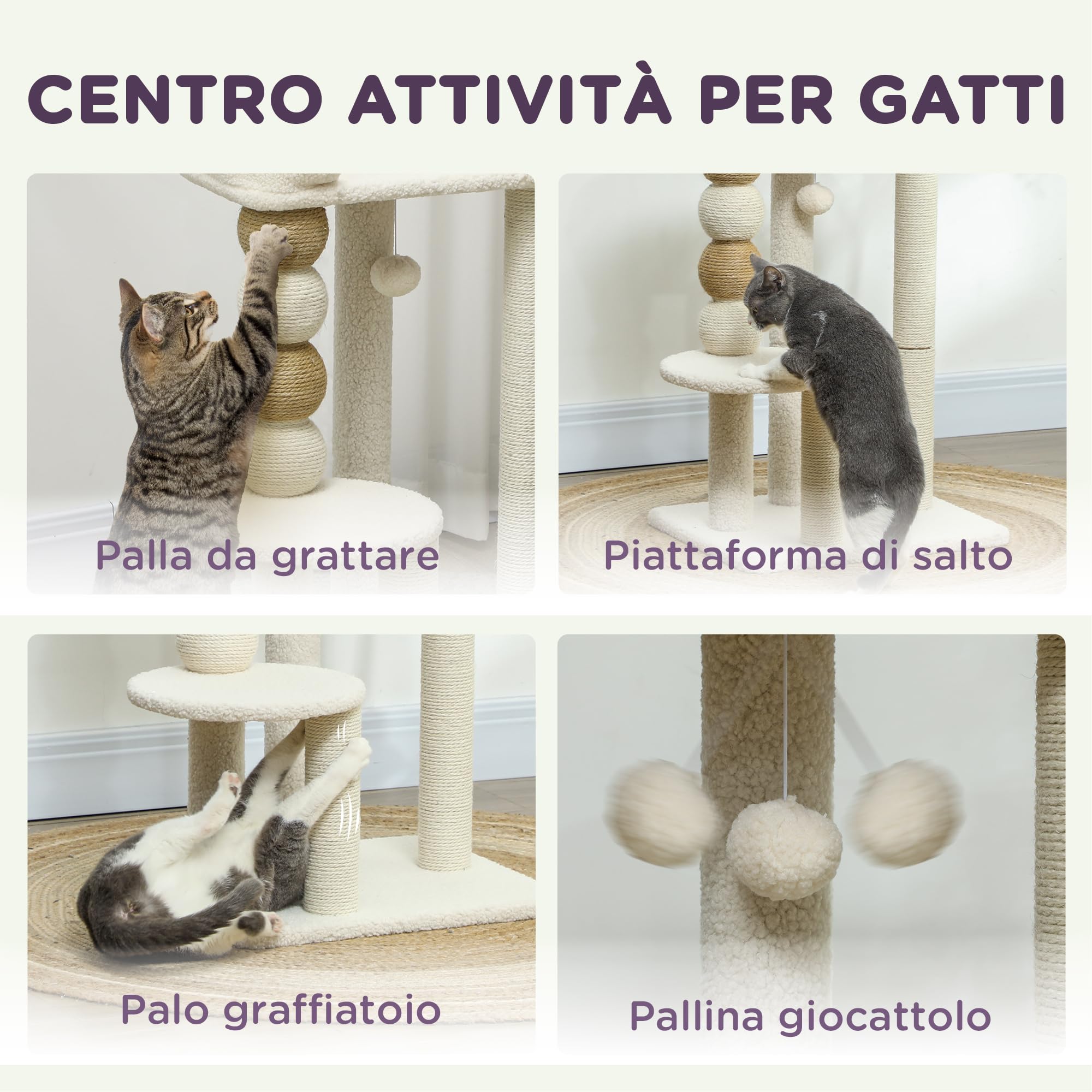 PawHut Albero Tiragraffi per Gatti con Pallina Giocattolo, Piattaforma e Lettino Superiore, Trespolo per Gatti in Legno, Iuta e Peluche, 48.5x40x76 cm, Beige