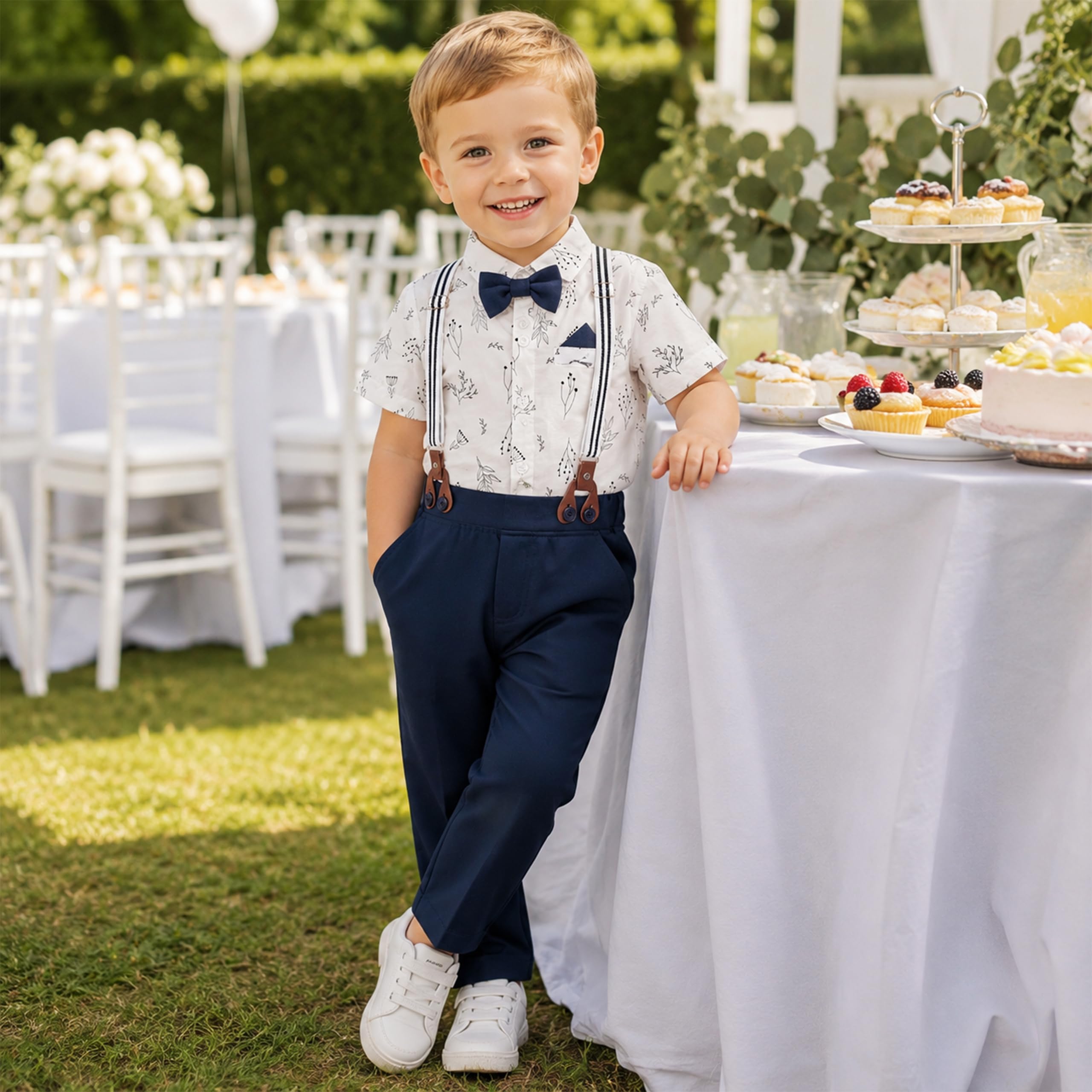 Volunboy Traje Formal para Bebé Niño, Pelele Manga Corta con Pantalón Tirantes, Boina y Pajarita, Conjunto Elegante Boda
