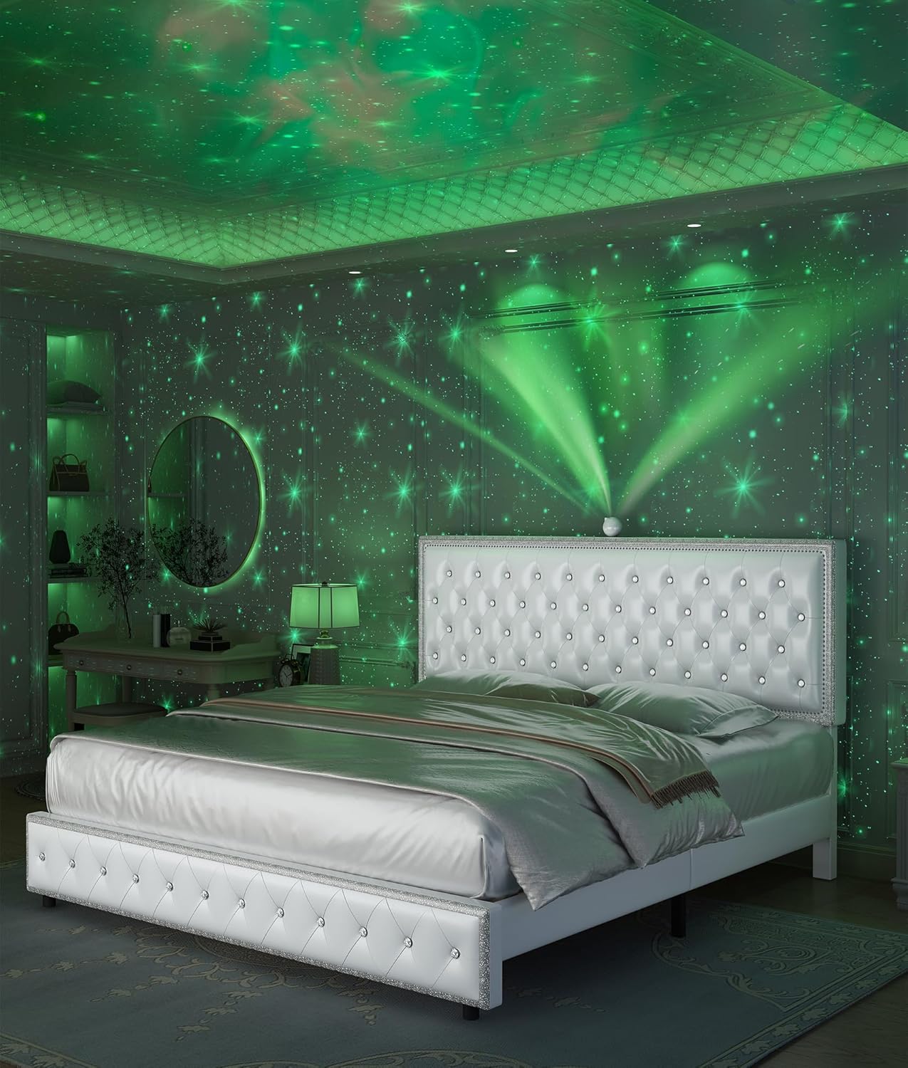 Queen Upholstered Platform Bed Frame with LED Headboard, Built-in Star Projector & Adjustable Headboard, No Box Spring Needed, Easy Assembly, Solid Wood Slats,Modern Bedroom Furniture, Velvet Cream