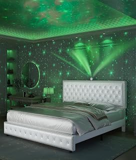 Queen Upholstered Platform Bed Frame with LED Headboard, Built-in Star Projector & Adjustable Headboard, No Box Spring Needed, Easy Assembly, Solid Wood Slats,Modern Bedroom Furniture, PU White