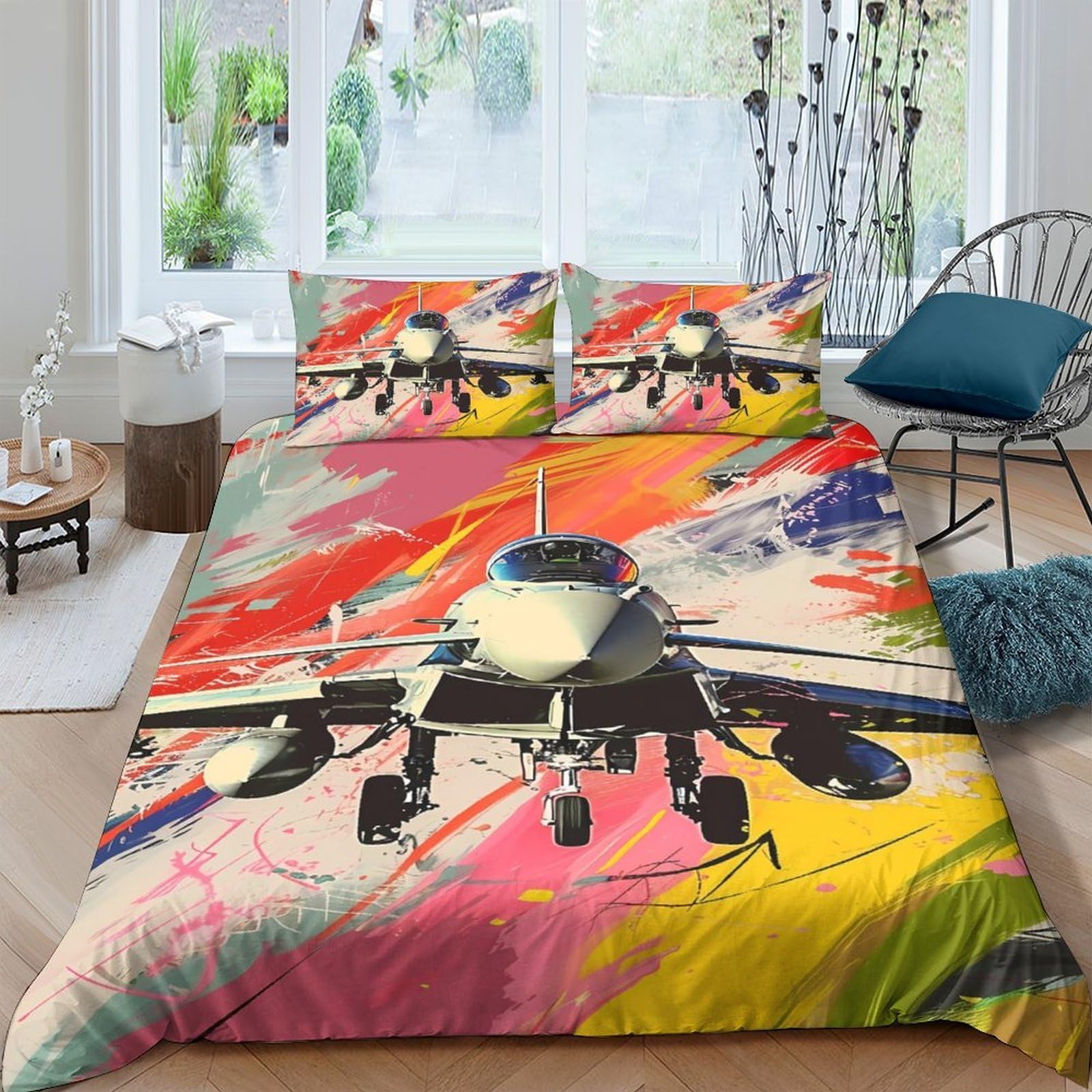 Ctjqhvkz Style-2 3D Printed Fighter Jet Fitted Sheet Microfiber Colorful Graffiti Mattress Cover For Bedroom Dorm Adult Mattress Decor Single（135X200cm）