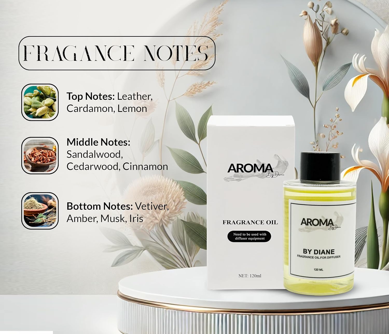 Essential Oils for Diffuser - by Diane Fragrance Oil Blend - Luxury Hotel Inspired Aromatherapy Oils - Leather, Cardamon and Lemon Scent - 120ml