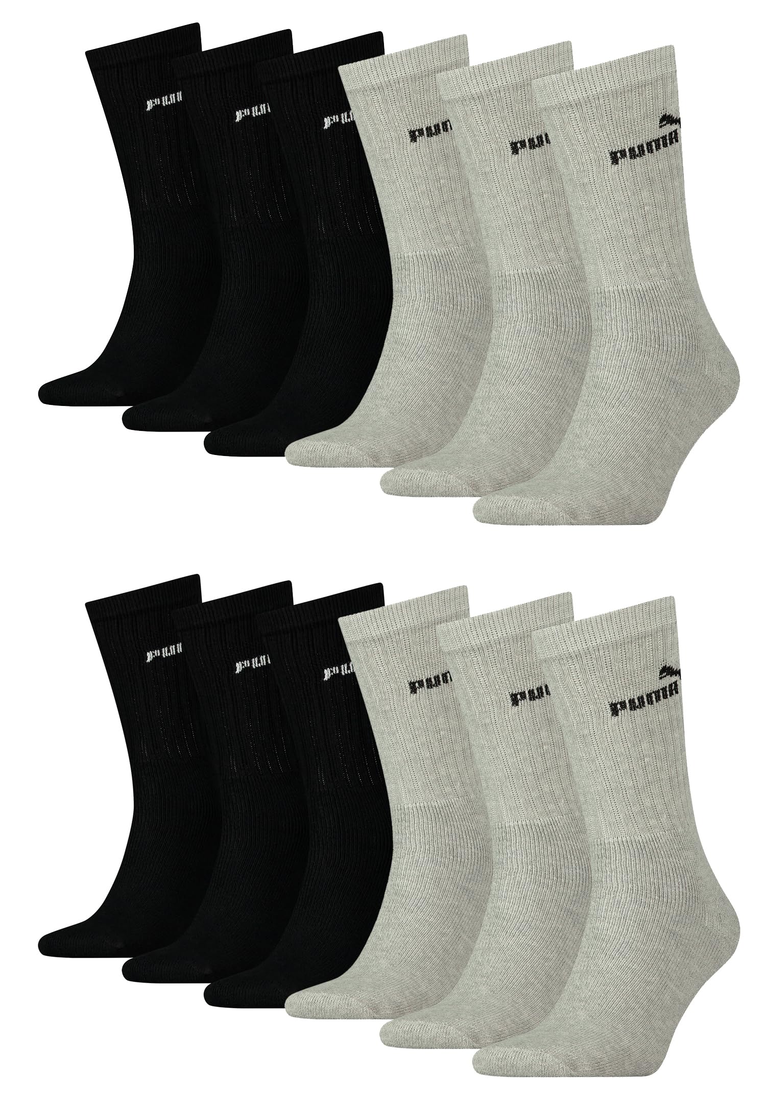 PUMA Unisex Crew Tennissocken Sportsocken Socken für Damen Herren 12 Paar, Farbe:666 - black/grey, Socken & Strümpfe:35-38