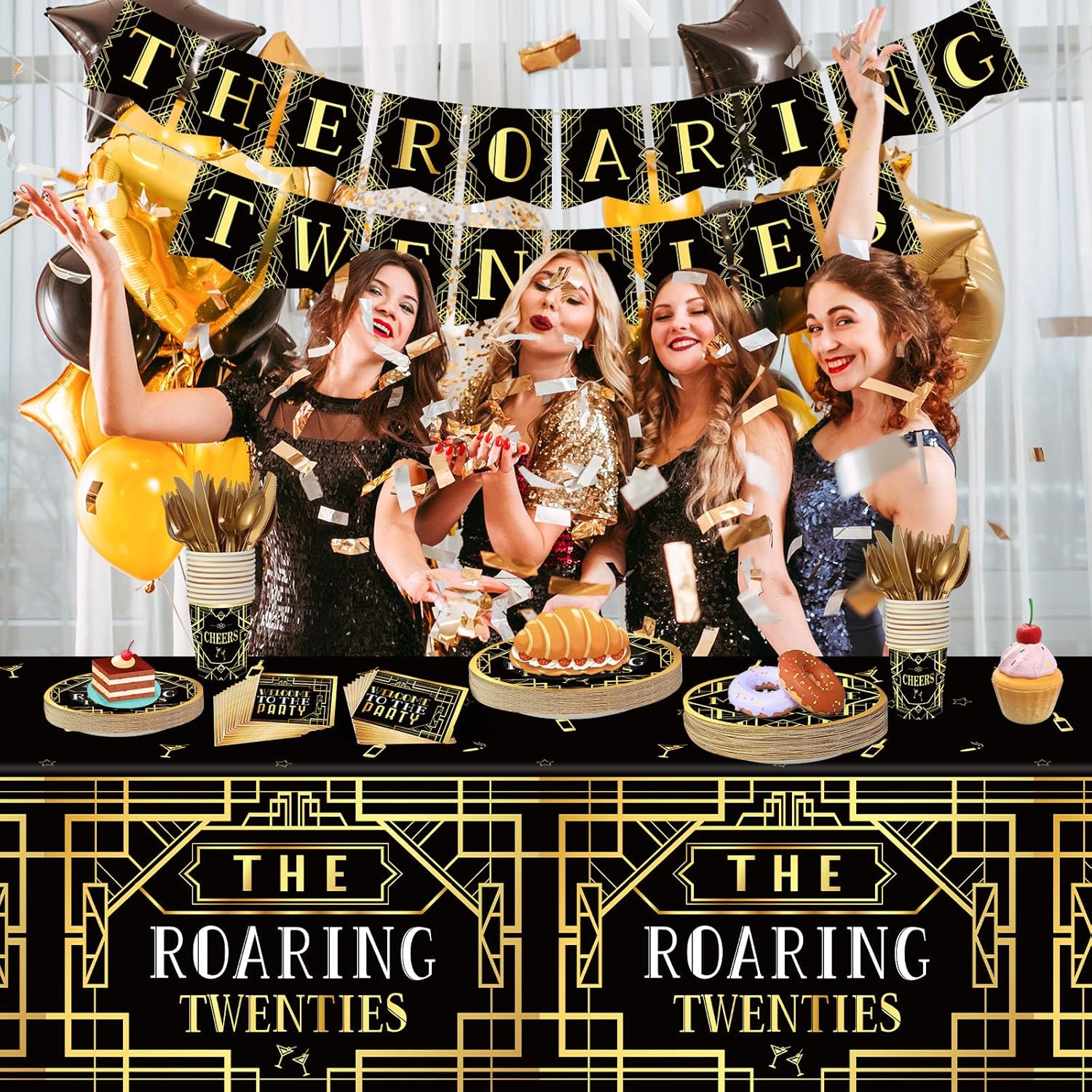 188 Pcs Roaring 1920's Party Tableware Set, 24 Guests Black and Gold Birthday Party Tablecloth Dinner Plates Dessert Plates Cups and Napkins for Speakeasy 1920s Vintage Wedding Party Supplies