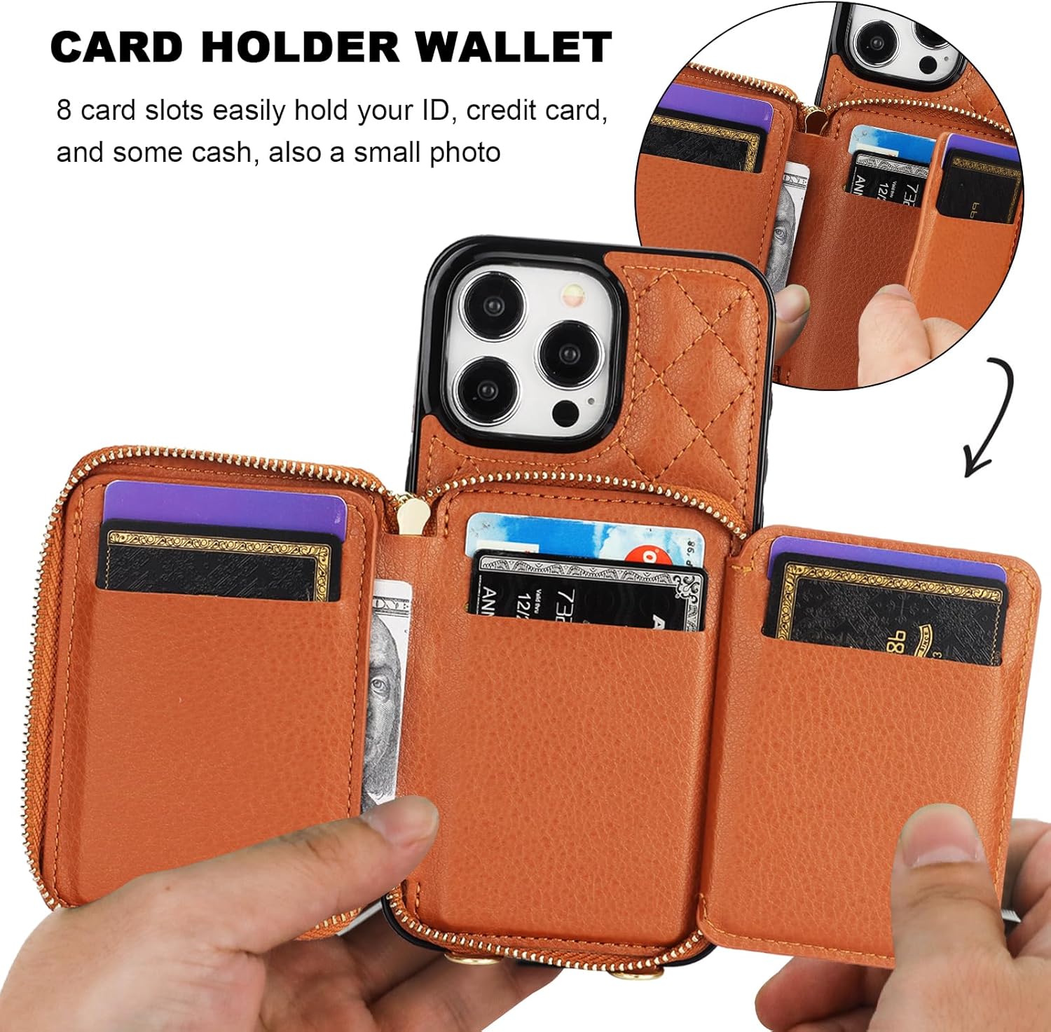 Bocasal Crossbody Wallet Case for iPhone 15 Pro Max, RFID Blocking PU Leather Zipper Handbag Purse Flip Cover, Kickstand Folio Case with Card Slots Holder Wrist Strap Lanyard 5G 6.7 Inch (Brown) - Image 4