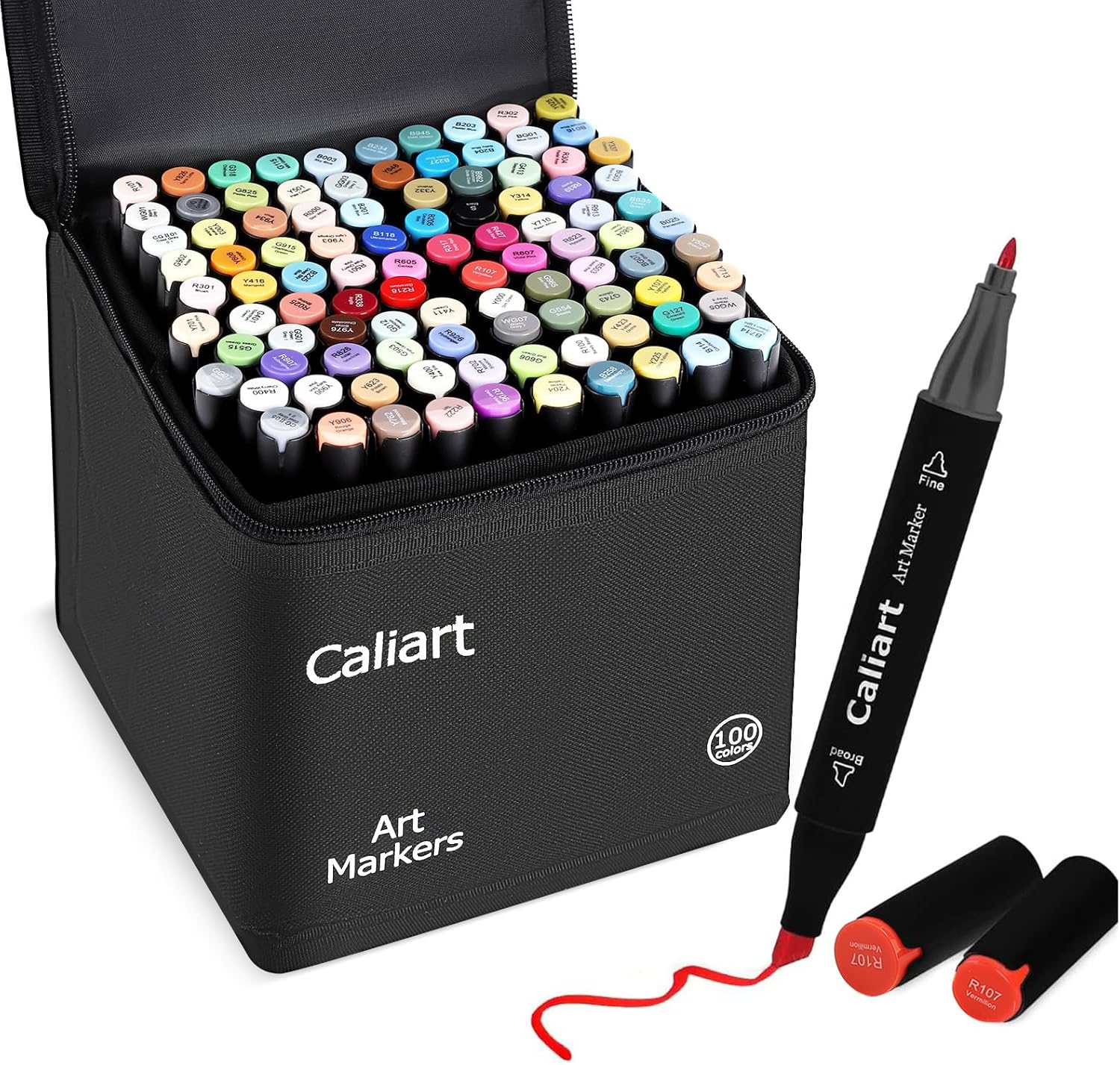 Caliart Markers, 100 Colors Dual Tip Art Markers Sketch Pens Permanent Alcohol Based, with Case for Adults Artists Drawing Illustration Sketching Coloring (Black Barrel)