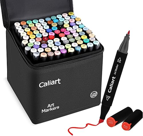 Caliart Marcadores, 100 colores, marcadores de arte de doble punta, rotuladores permanentes con base de alcohol, con estuche para artistas adultos,