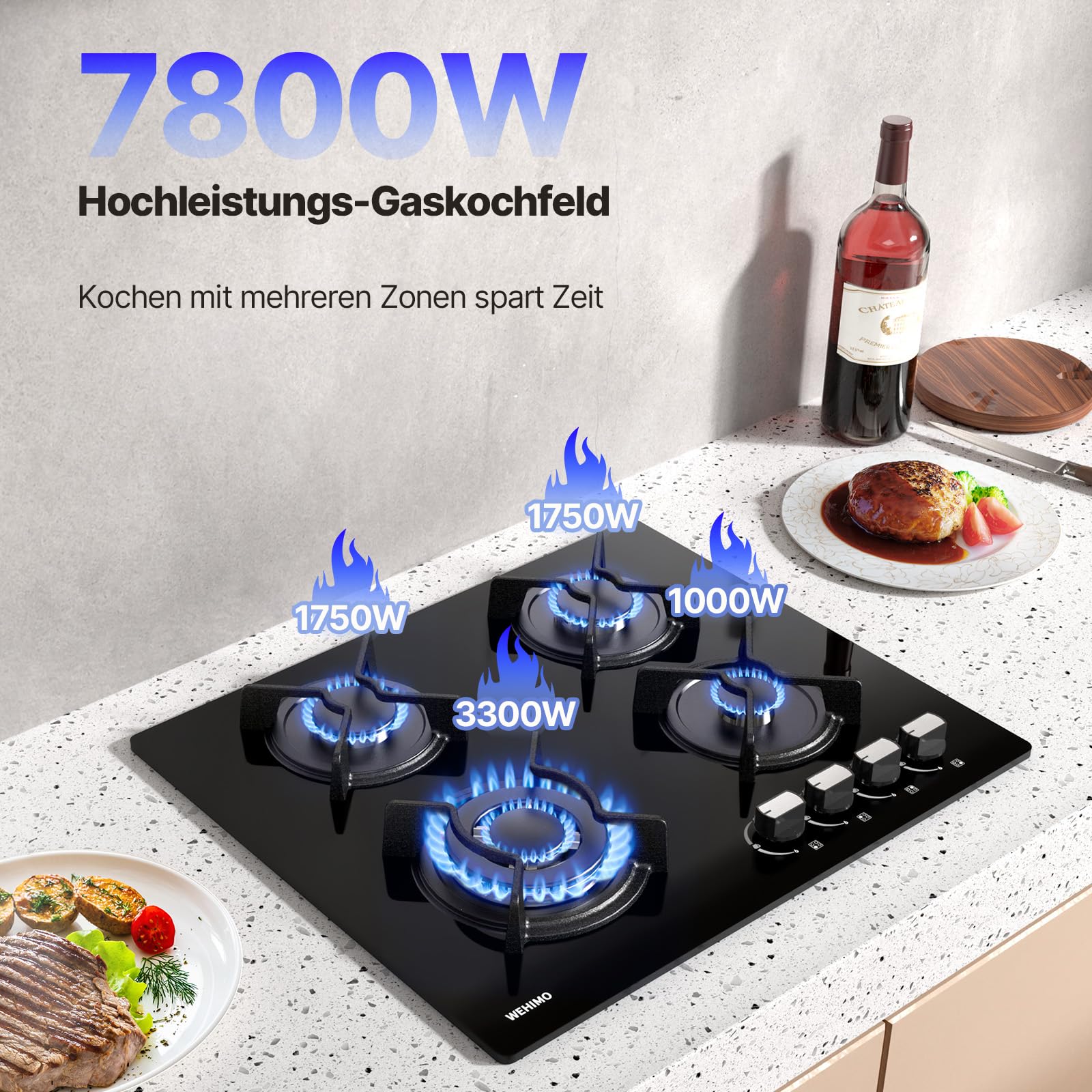 WEHIMO Gaskochfeld 4 Flammig, Glas Einbau-Gaskochfeld, 59cm, 7800W, für Propangas und Erdgas, Schwarz