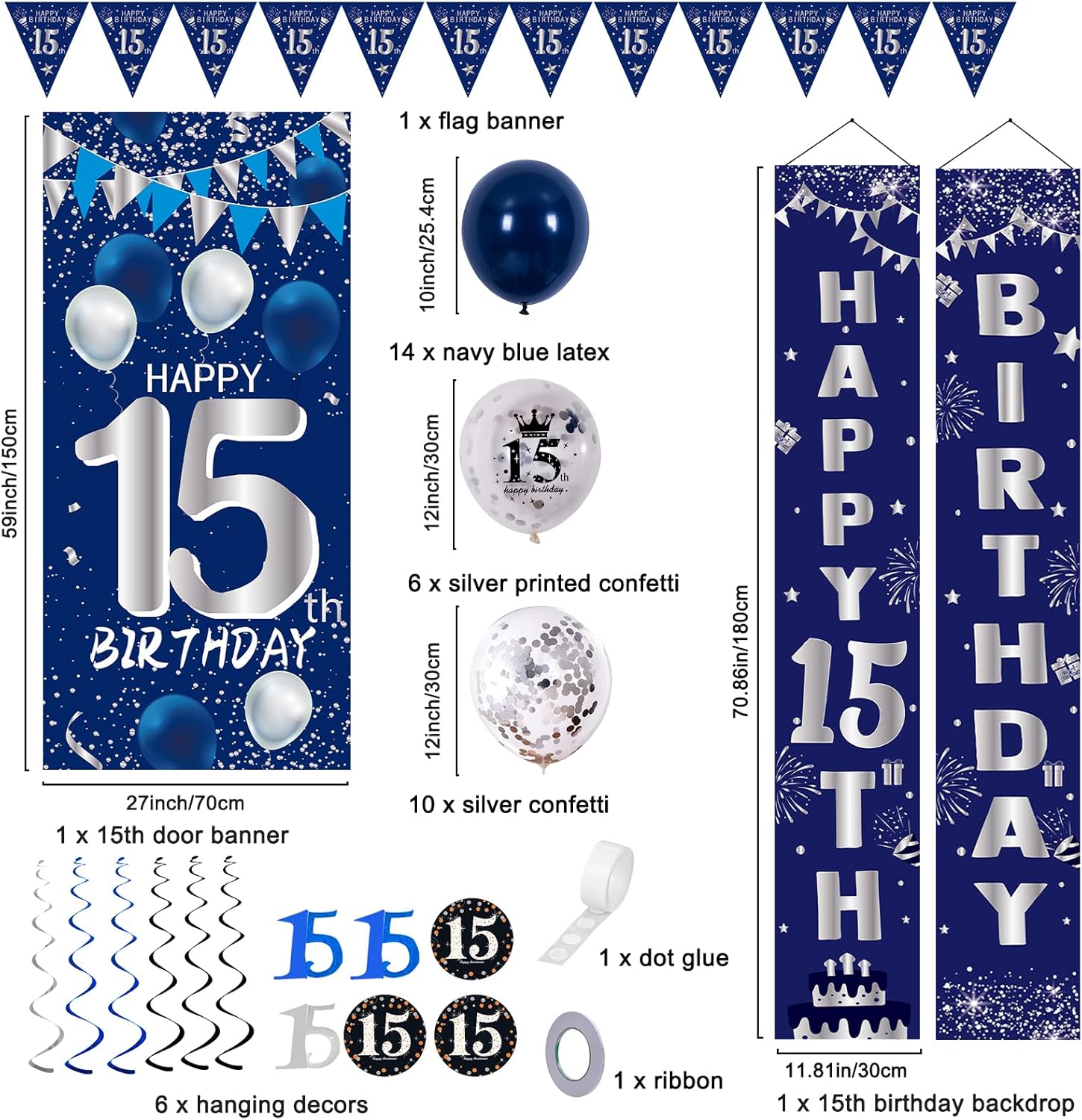 15th Birthday Decorations for Boys Girls, Navy Blue Happy 15th Birthday Door Banner Sign, 15 Years Old Party Supplies Teenagers Bday Backdrop Balloons Hanging Decors - Image 2