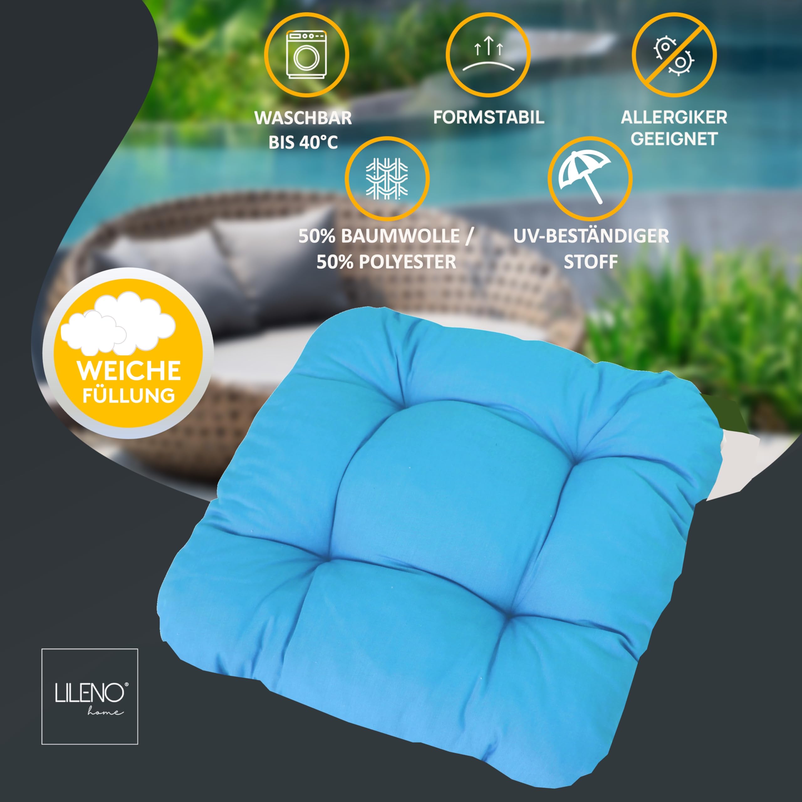 LILENO HOME Set van 4 stoelkussens, antraciet, 38 x 38 x 8 cm, zitkussen voor tuin-, keuken- of eetkamerstoel, comfortabel, uv-bestendig, voor binnen en buiten, als stoelkussen