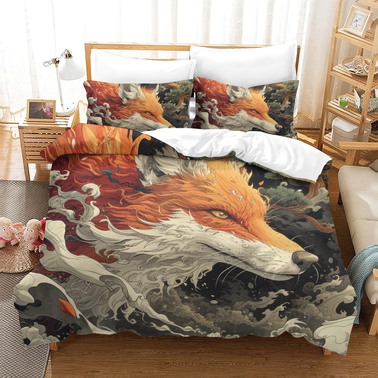 Housse de couette jungle renard pour chambre parentale parure de lit king 220x240