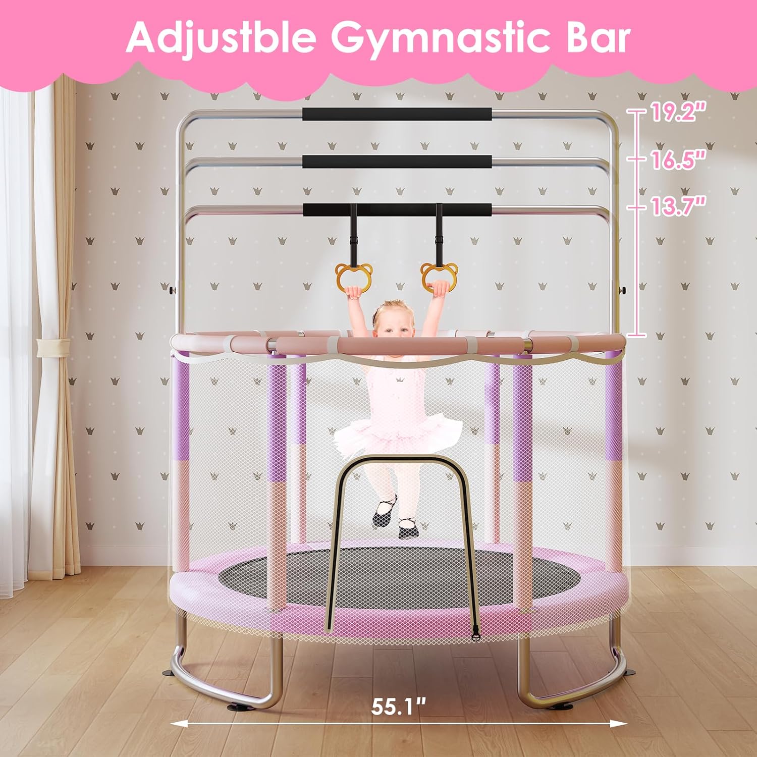 Trampoline for Kids, Upgrade Full Anti-Rust 440lbsToddler Trampoline with Net,Upgraded Ring Legs with Adjustable Gymnastics Bar&Toys, Gifts for Ages 1-8 Boys&Girls