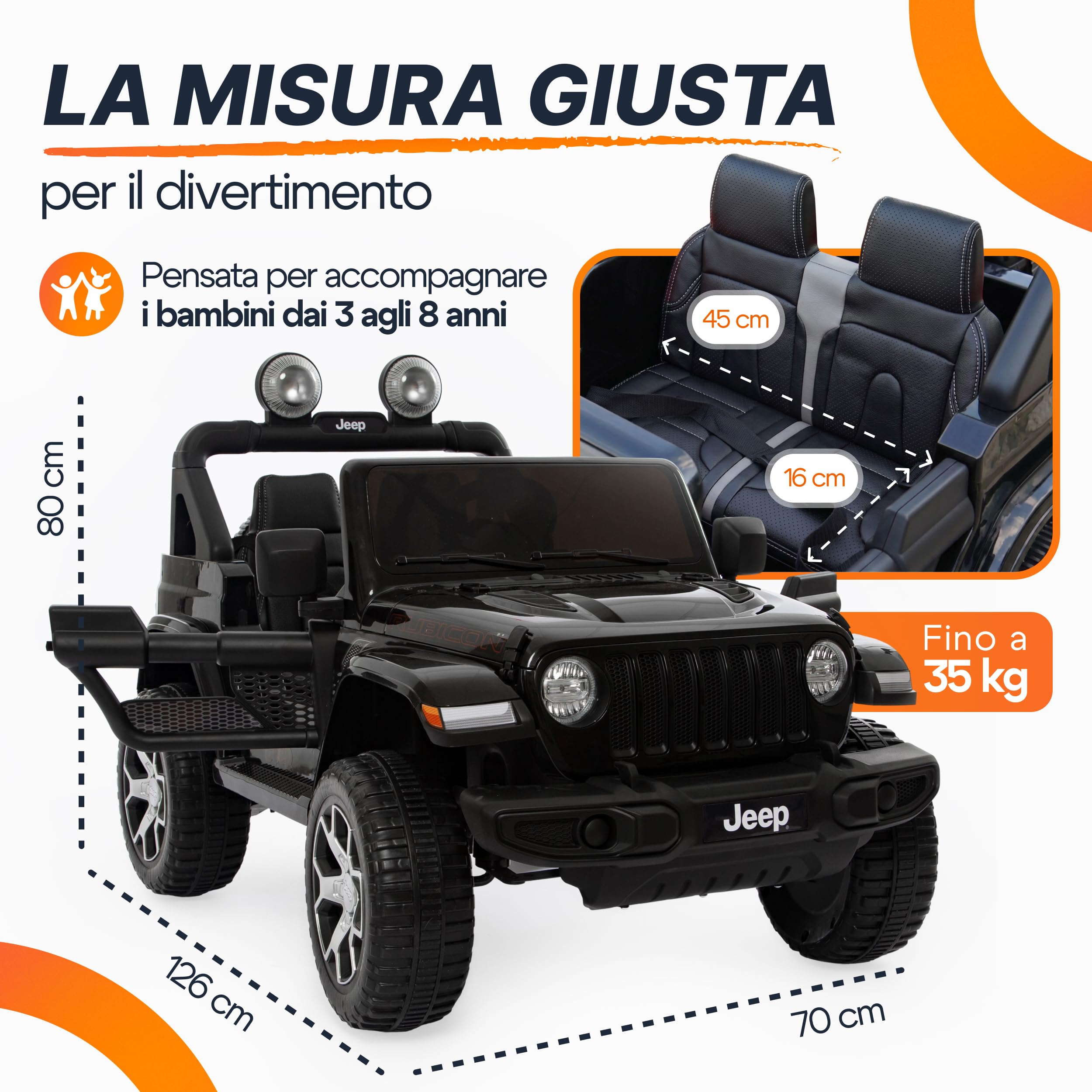 BabyCar Jeep Elettrica Per Bambini | Auto con Sedili in Pelle, Porte Apribili, MP3/USB/Micro SD | Macchina Elettrica per Bambini 12V con 2 Motori 35W | Licenza Ufficiale Jeep | Nero