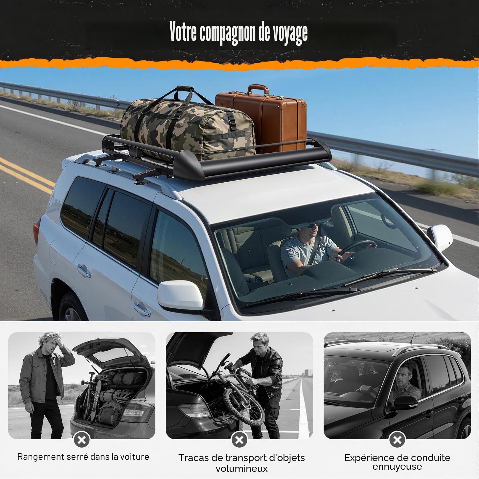Barres de toit universelles en aluminium, porte-bagages de toit en aluminium, panier de toit pour voiture, porte-bagages de toit, porte-frets pour reling, capacité de 68 kg, pour camping et voyages