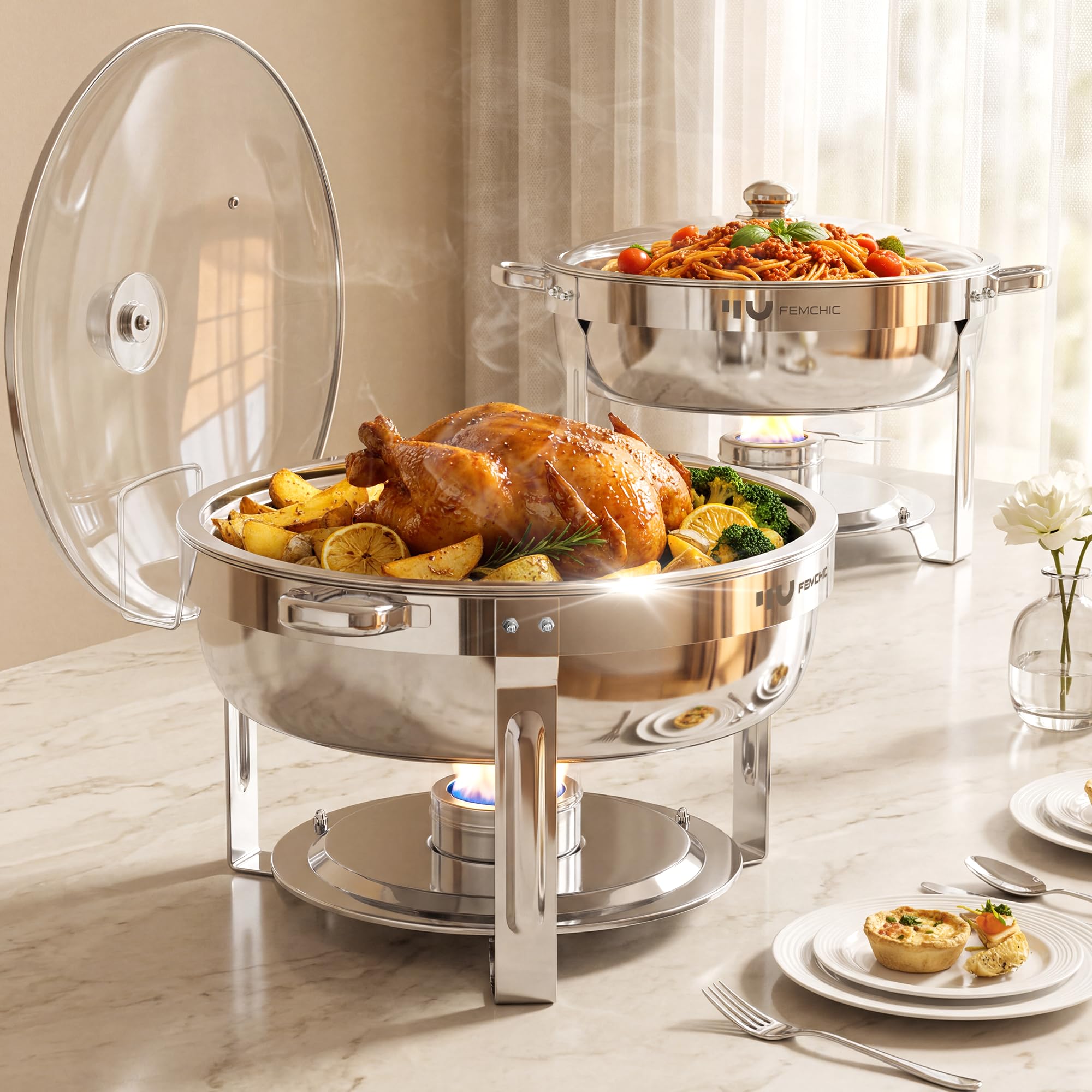 7QT Chafing Dishes for Buffet 2 Pack Silver Round Chafer Set