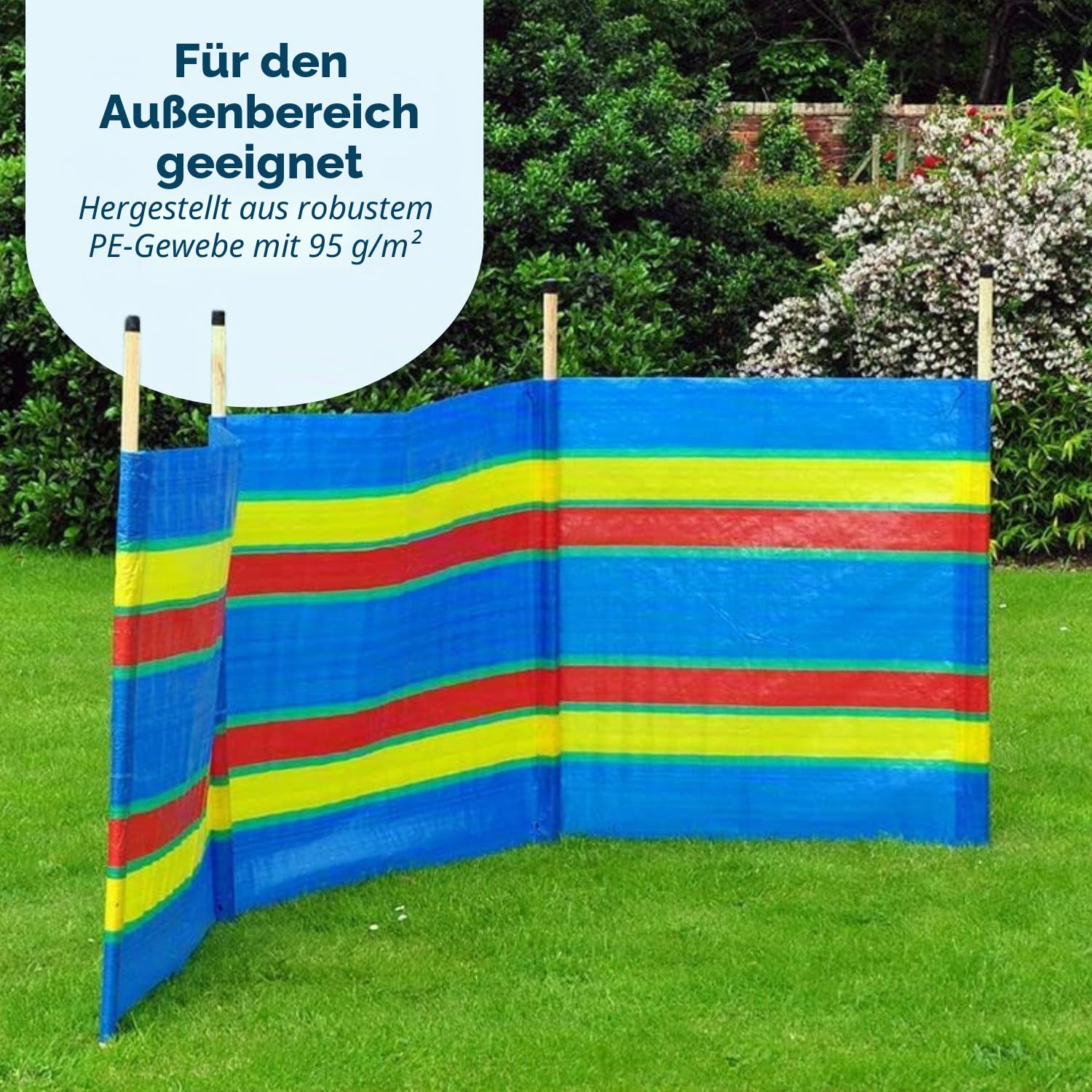 Garden Mile Windschutz mit 8 Stangen, strapazierfähig, mehrfarbig, für Garten, Strand, Urlaub, Wohnwagen und Camping, Windschutz, hoch, 1,5 m, Windschutz, Sichtschutz – 462 cm x 150 cm Sport & Freizeit