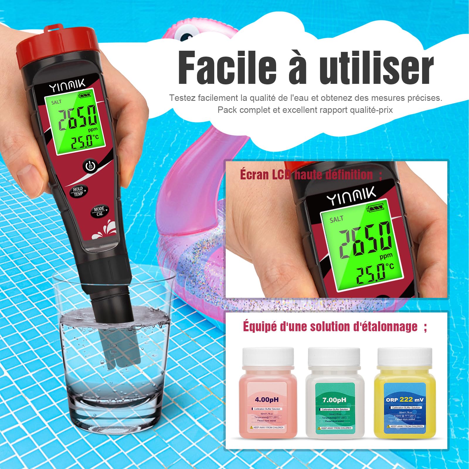 YINMIK Testeur pH et Chlore Piscine Testeur de sel avec kit d'étalonnage | 7 en 1 Test Chlore-Salinité, ORP, EC, TDS, Température avec ATC,Haute Précision pour Piscine/Spa/Eau Potable/Hydroponie