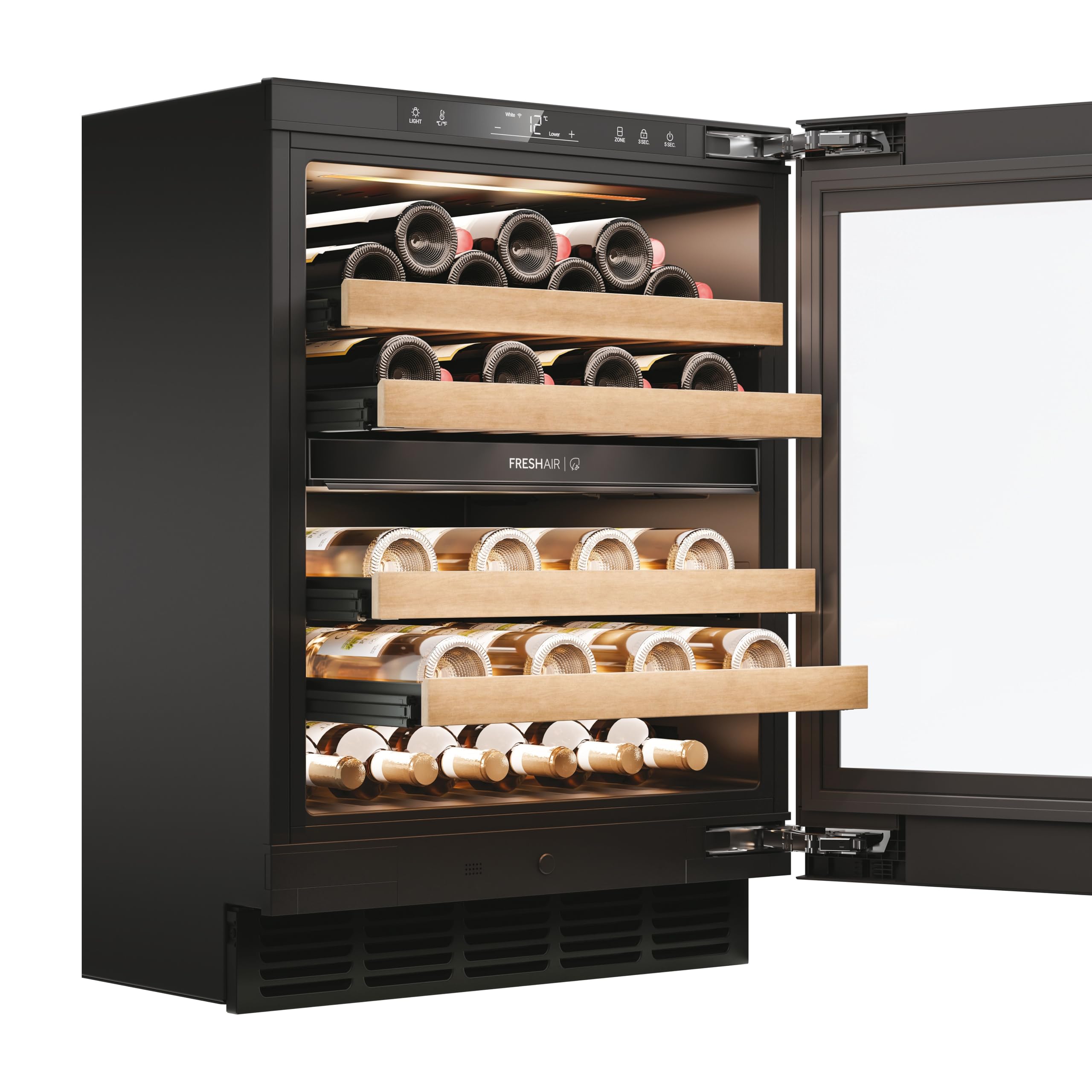 Haier Weinkühlschrank Serie 6 Wine Bank 60 HUC44GDEH1 | 60 cm Breite, 44 Flaschen Weinklimaschrank mit 2 Temperaturzonen, UV-Glastür, Holzregale, Wi-Fi