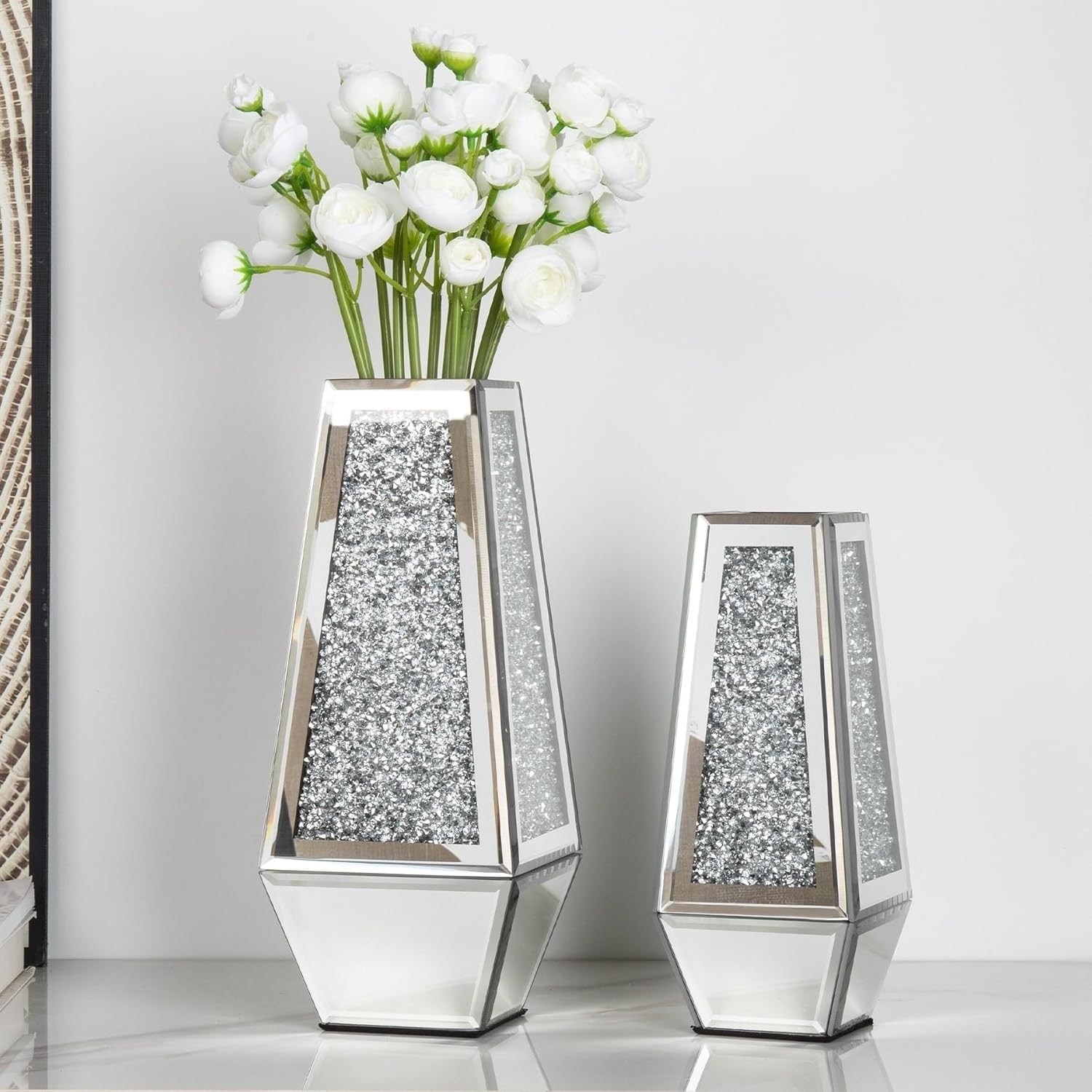 SHYFOY Crushed Diamond Mirrored Vases Set of 2, Silver Glass Flower Vases for Table Home Decor Crystal Vase for Dried Flowers Centerpieces - Can’t Hold Water - Image 8