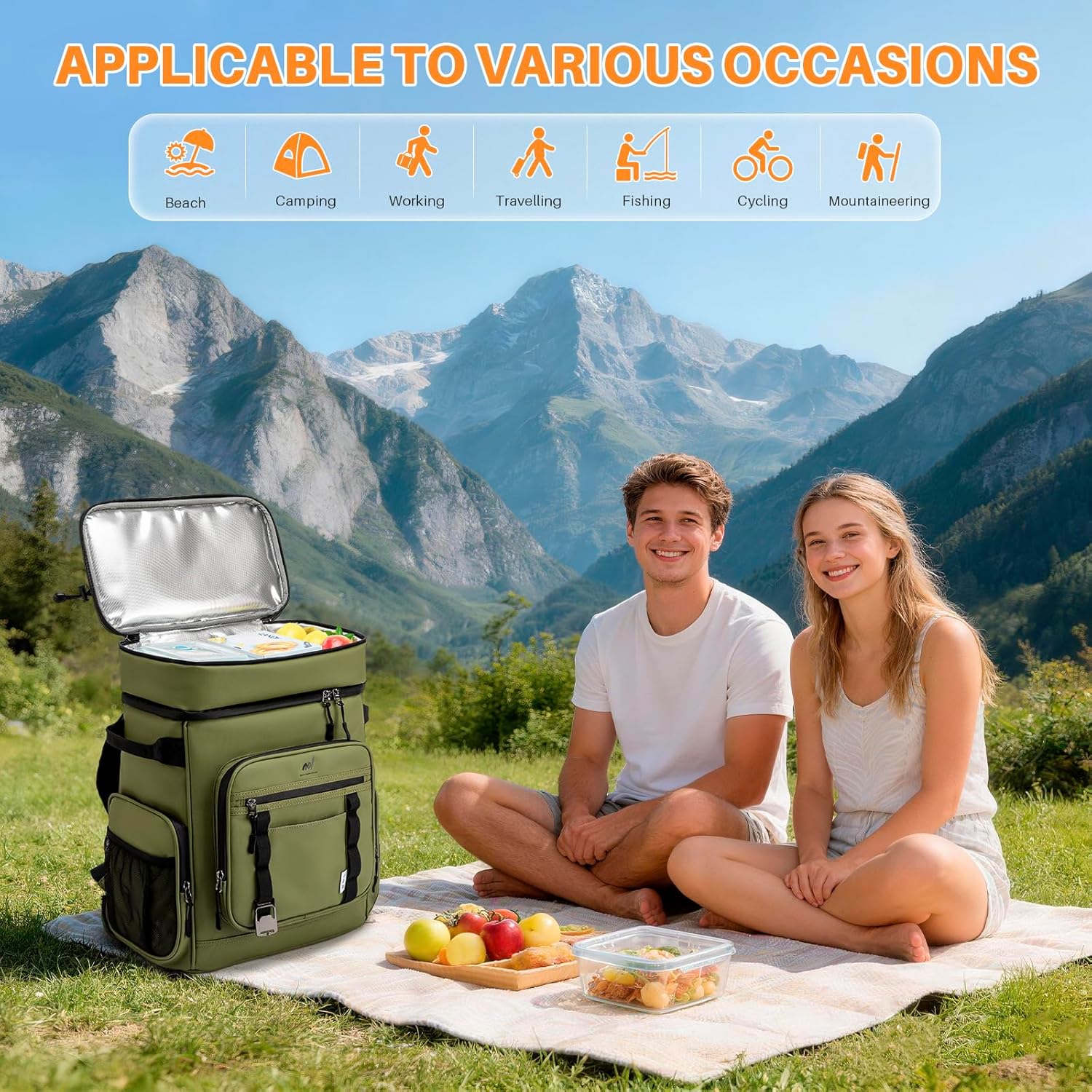 NOL Natural Organic Lifestyle Double Deck Large Waterproof Insulated Cooler Backpack for Men & Women, 32L/57 Cans Leak Proof Cooler Lunch Backpack for Picnic, Camping, Beach, Outdoor, Amy Green