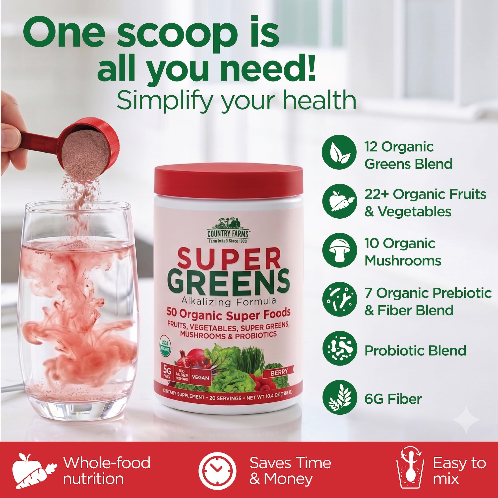 Country Farms Organic Super Greens Powder, Daily Greens Drink Mix with 50 Organic Superfoods, Fruits, Vegetables, Fiber, Mushrooms & Probiotics for Gut Health, Digestion & Energy, Berry Flavor — Amazon image 7
