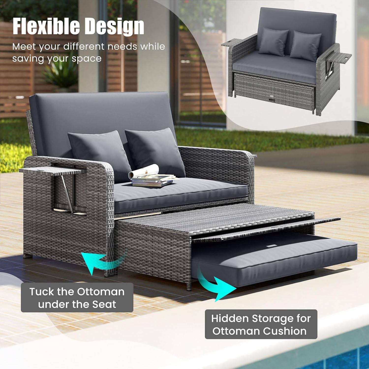 LDAILY Moccha Outdoor Daybed, Wicker Loveseat Sofa Set with 4-Postion Adjustable Backrest, Storage Ottoman, Cushions, Rattan Double Bed Lounger, Patio Furniture Set (Mixed Gray+Gray)
