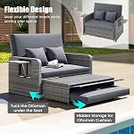 Tangkula Patio Rattan Lit avec 4-Level dossier réglable, extérieur PE Wicker Loveseat avec stockage ottoman & Table d'appoint pliante, Double lit pour balcon, cour arrière & Côté piscine, Gris