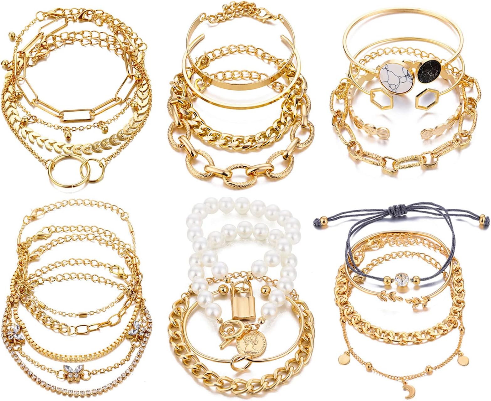 18-25 PCS(6 Pack) Boho Gold Bracelets Set for Women Stackable Chunky Dainty Bangles Adjustable Chain Flat Cuff Cuban Punk Charm Bundle Jewelry