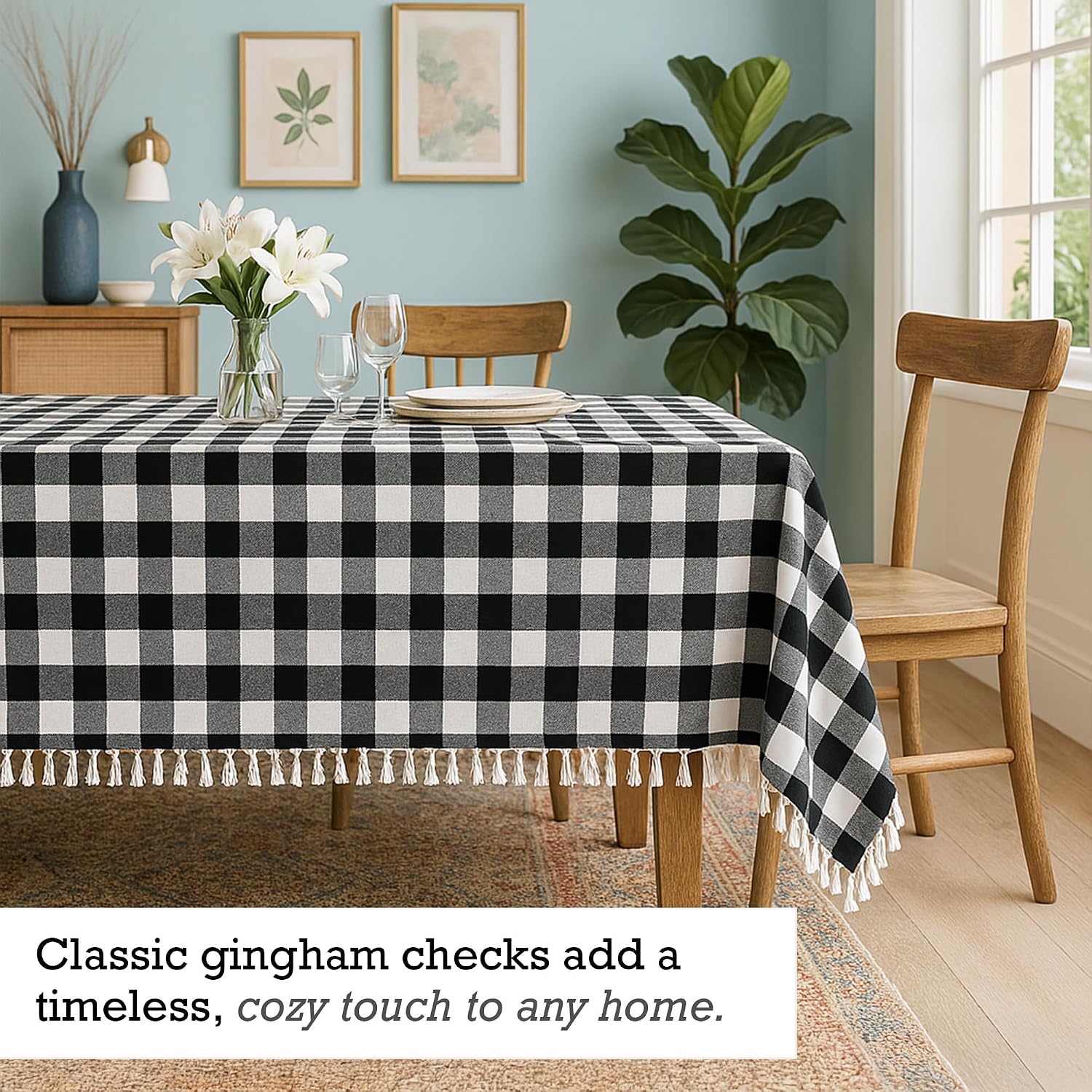 RAJRANG Cotton Buffalo Check Tablecloth, 5x7 ft Rectangle Table Cover with Tassel Fringe Border for Dining Table Cover, Kitchen Décor and Everyday Use Black and White
