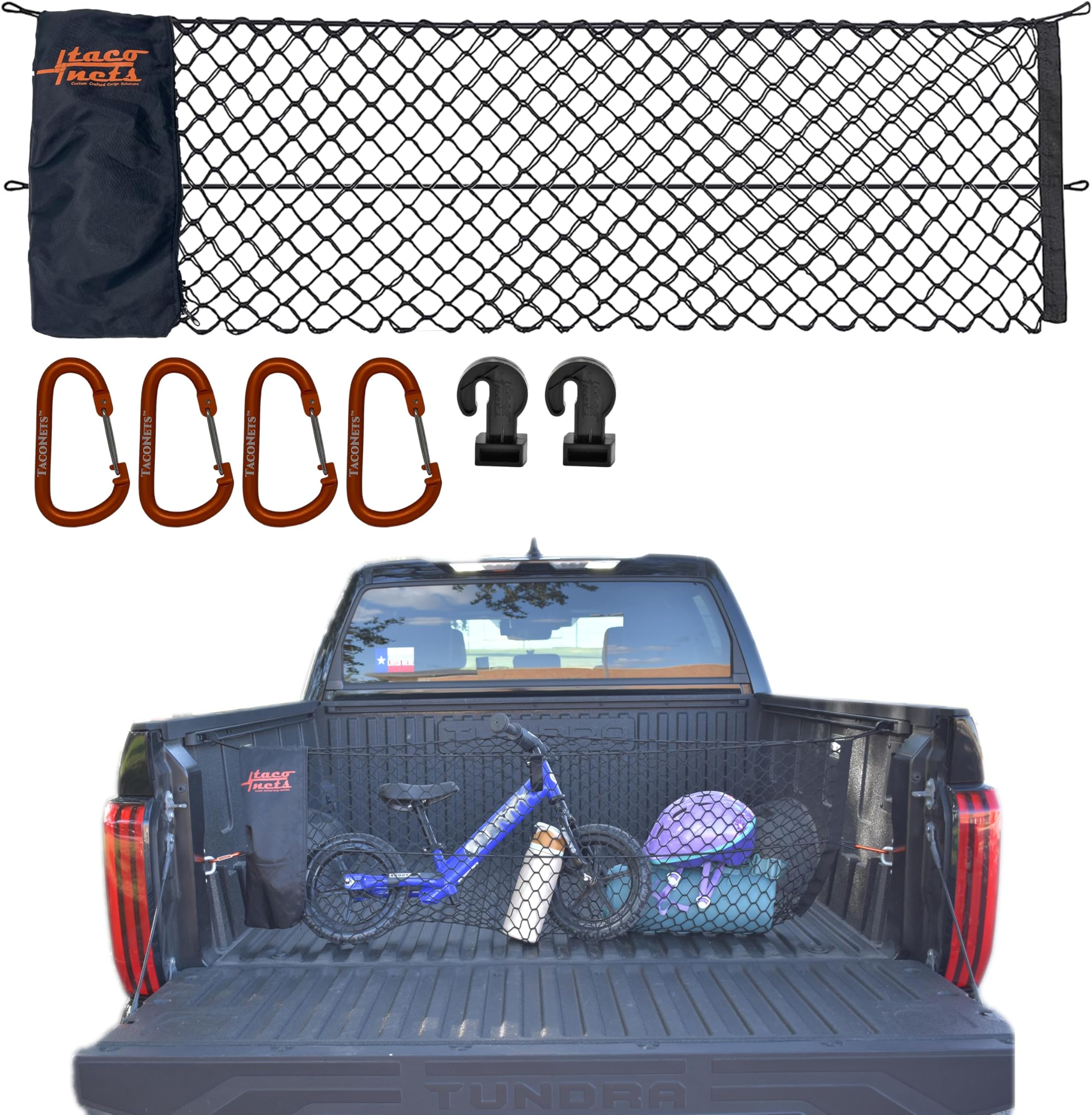 TacoNets Envelope Cargo Net for Toyota Tundra - Fits 2007-2025 - Patented Bed Rail Integration - Upgraded 5mm Bungee - Integrated Storage Bag - Heavy Duty Carabiners - Designed in USA