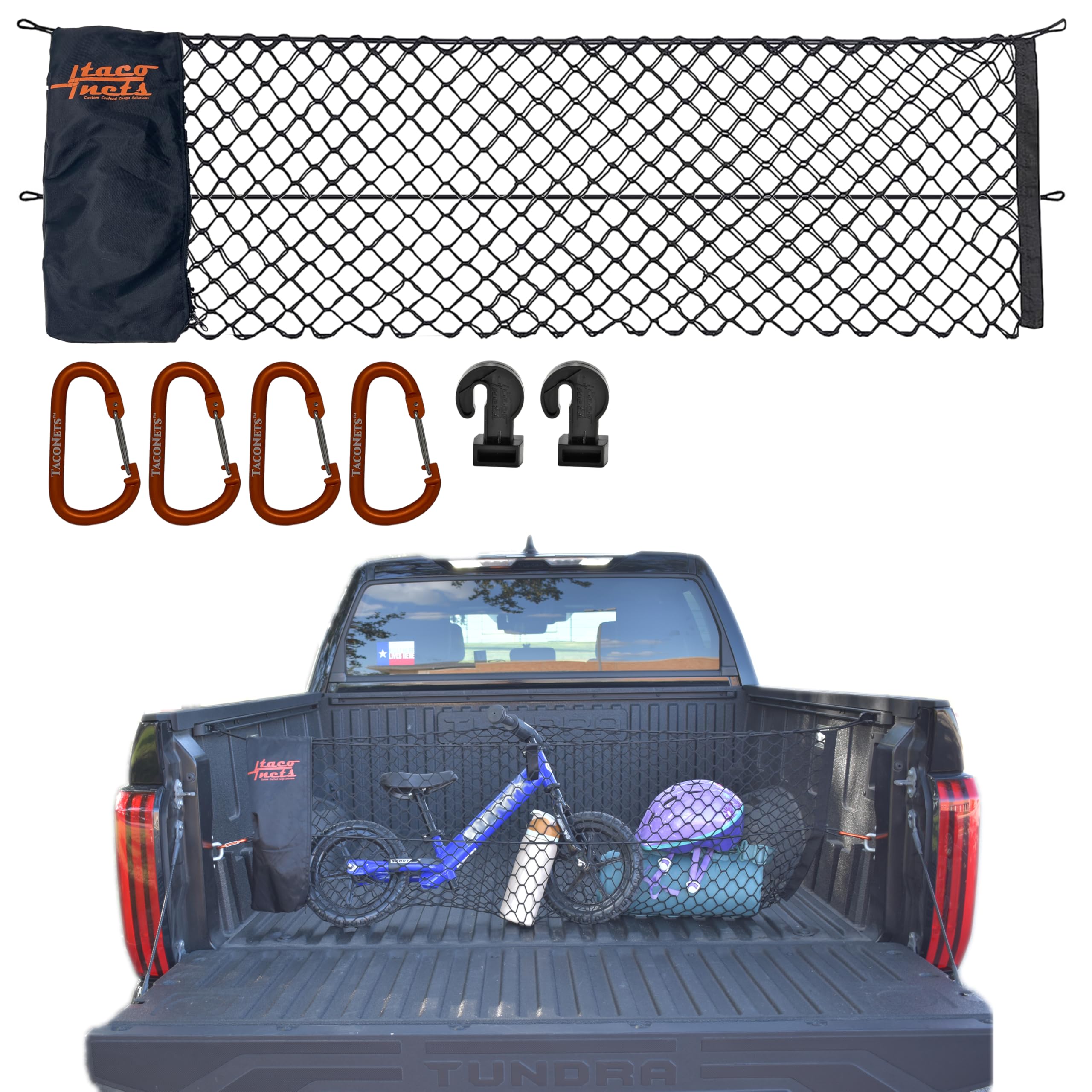 Toyota Tundra Envelope Style Truck Bed Cargo Net - Patent Pending Design - Fits 2007-2024 - Upgraded 5mm Bungee - Free Storage Bag - Heavy Duty Carabiners - Designed in USA - 18" x 50"