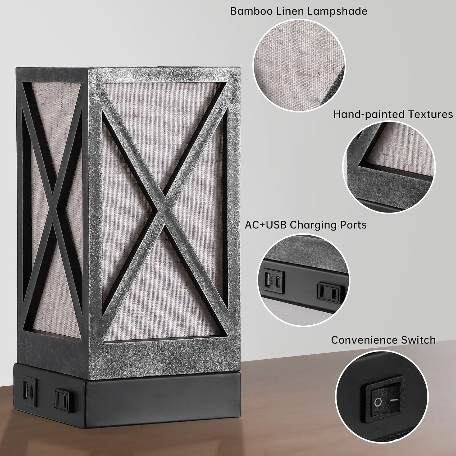 Table Lamp, Set of 2 Rustic Farmhouse Nightstand Lamps, 3 Color Temperatures Desk Lamp with USB Charging Ports AC Outlet Vintage Lamp for Living Room Bed Room, Pewter
