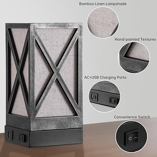 Miniatura 3 de lámpara de mesa, juego de 2 lámparas de mesita de noche rústicas de granja, lámpara de escritorio con 3 temperaturas de color con puertos de carga