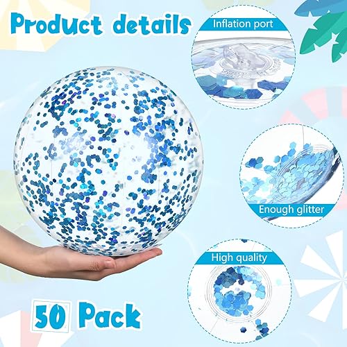 Miniatura 3 de 50 bolas de playa inflables de 12 pulgadas, bolas de playa con purpurina transparente, bola de confeti flotante, pelota de fiesta para piscina