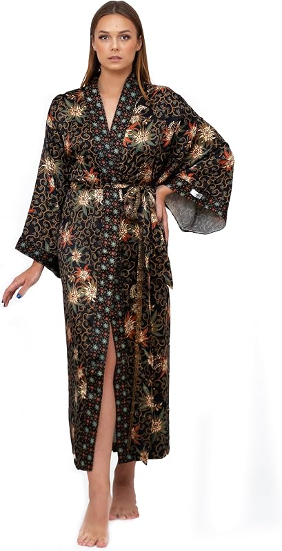 Women’s Long Boho Kimono Robe – Silky-Soft Batik Fabric, Floral Design, Lightweight, Machine Washable