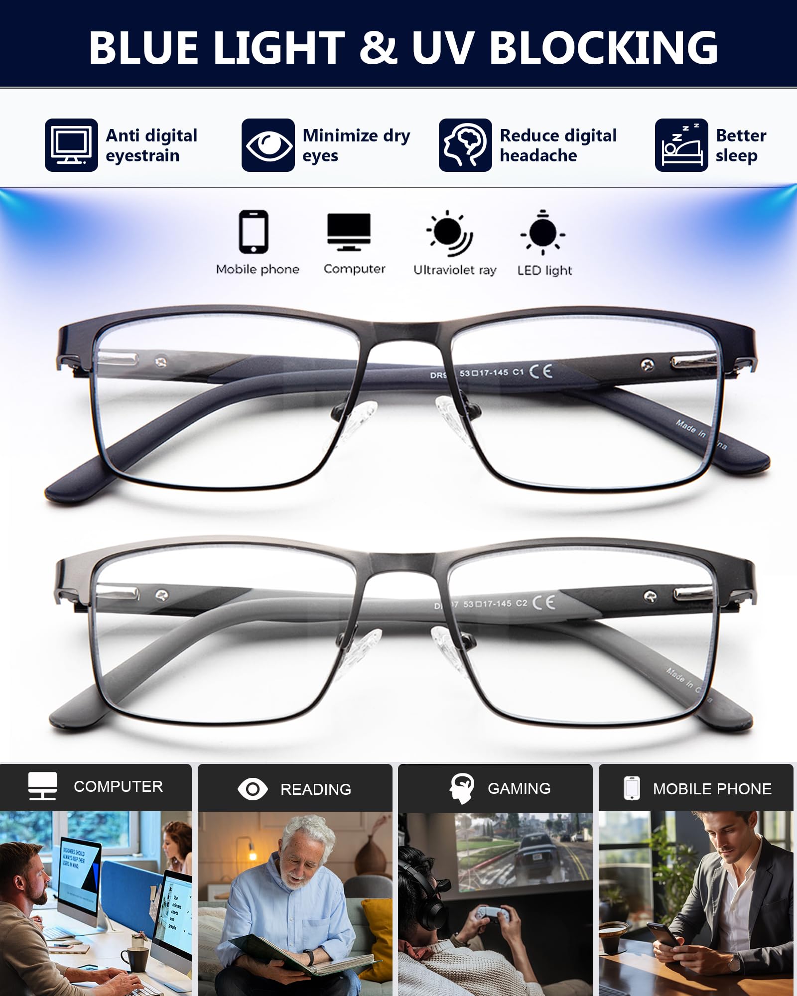 Progressive Multifokus-Lesebrille für Herren, blaues Licht, blockierende Computerleser, Multifokal-Brillen, 2 Stück