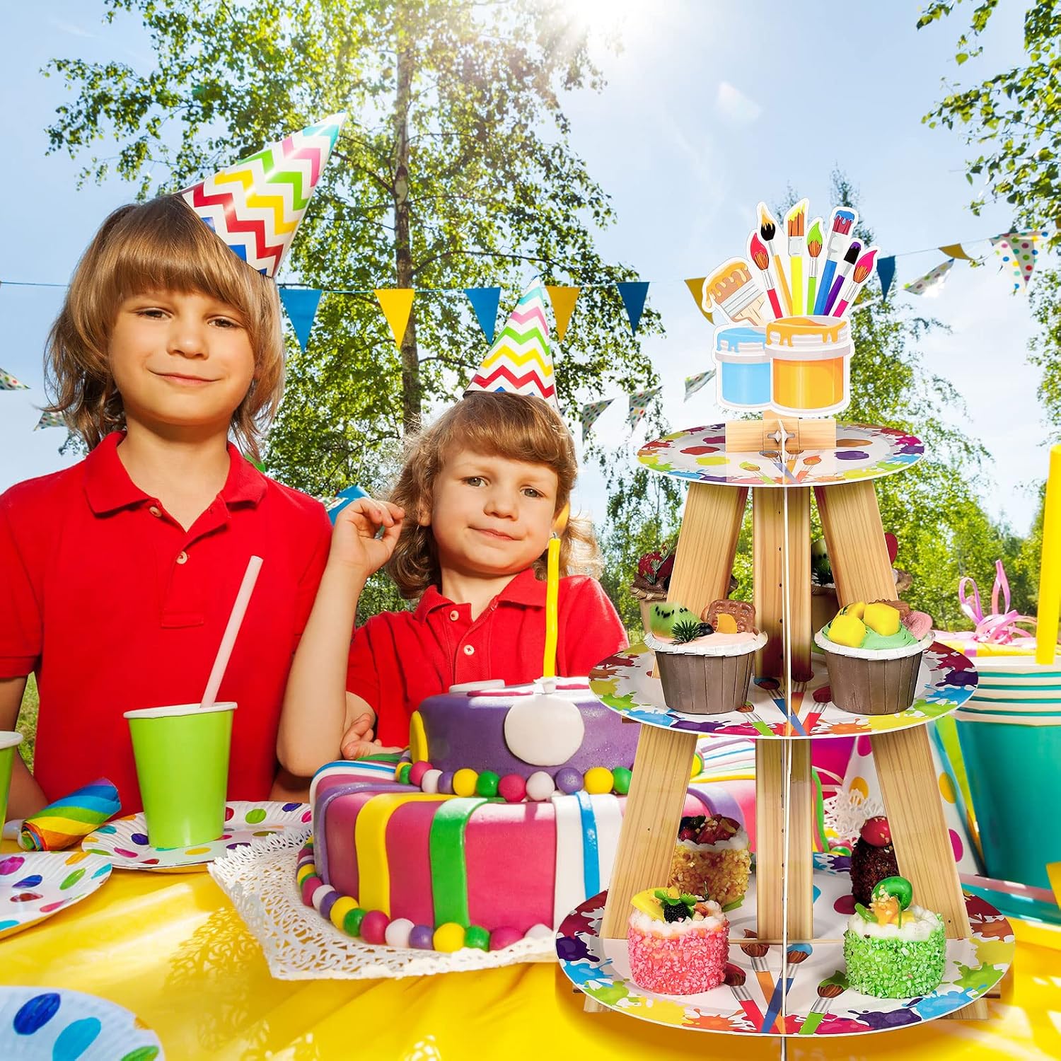 Mumufy 3 Tier Art Paint Party Cupcake Stand Decorations Artist Multicolor Party Cupcake Holder Painting Splatter Cake Dessert Holder for Paintbrush Birthday Baby Shower Supplies