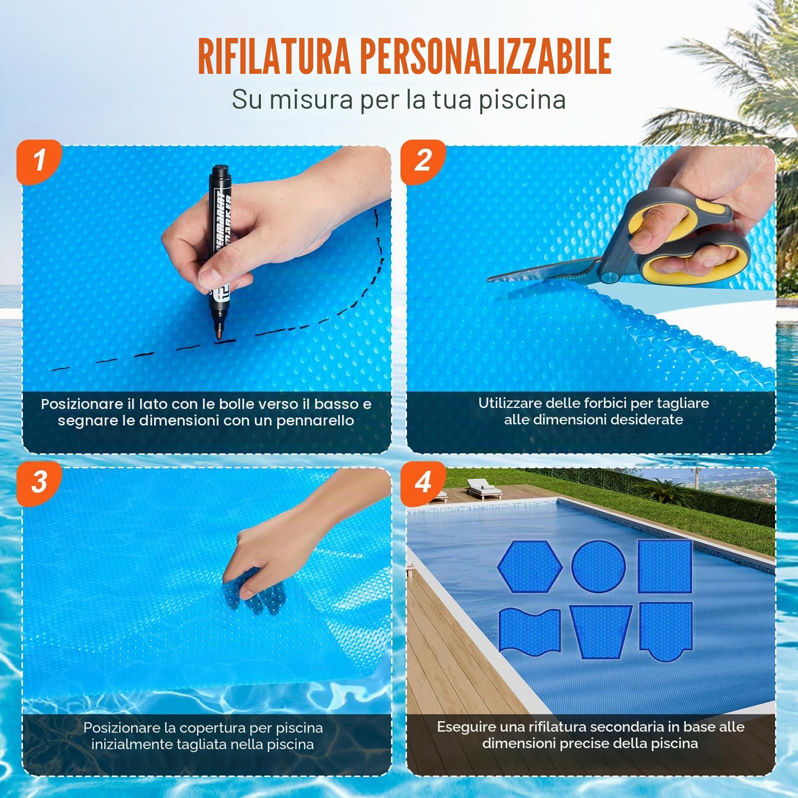 VEVOR Copertura Solare per Piscina, 7,32 x 3,66 m, Copertura Solare per Piscina Rettangolare, Spessore 0,3 mm, Protezione per Piscina per Piscina Interrata Fuori Terra, per Riscaldamento Acqua, Blu
