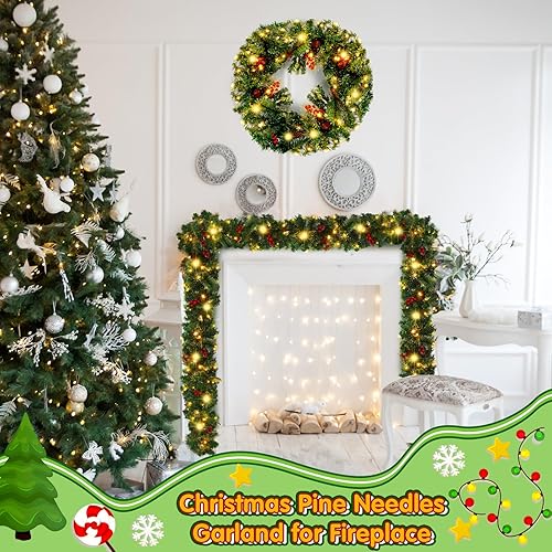 Miniatura 6 de Guirnalda de Navidad artificial preiluminada de 8.86 pies, guirnalda de Navidad iluminada con conos de pino, guirnalda de 100 luces LED, guirnalda