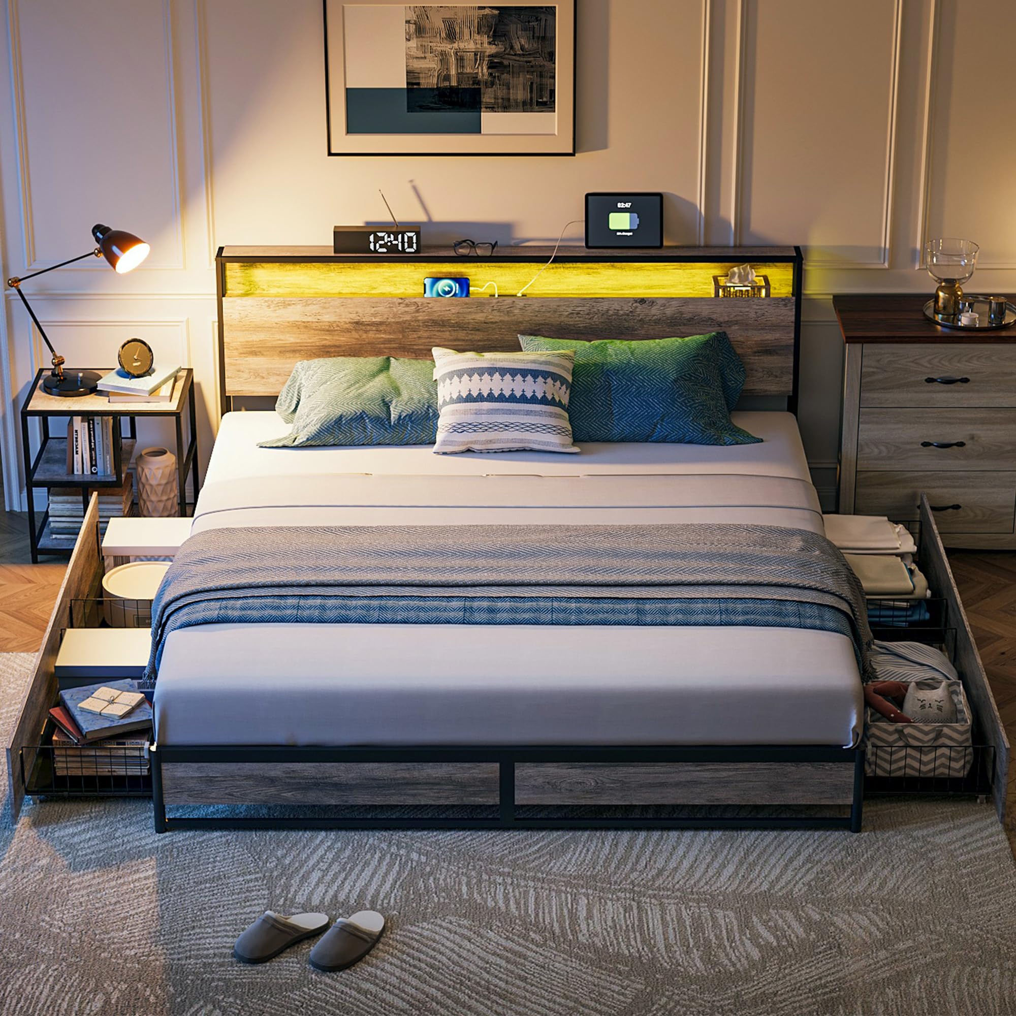 LINSY King Size Bed Frame with 4 Storage Drawers & Ergonomic Storage Headboard, King Bed with Charging Station & LED Lights, Metal Bed Frame Noise Free, No Box Spring Needed, Greige